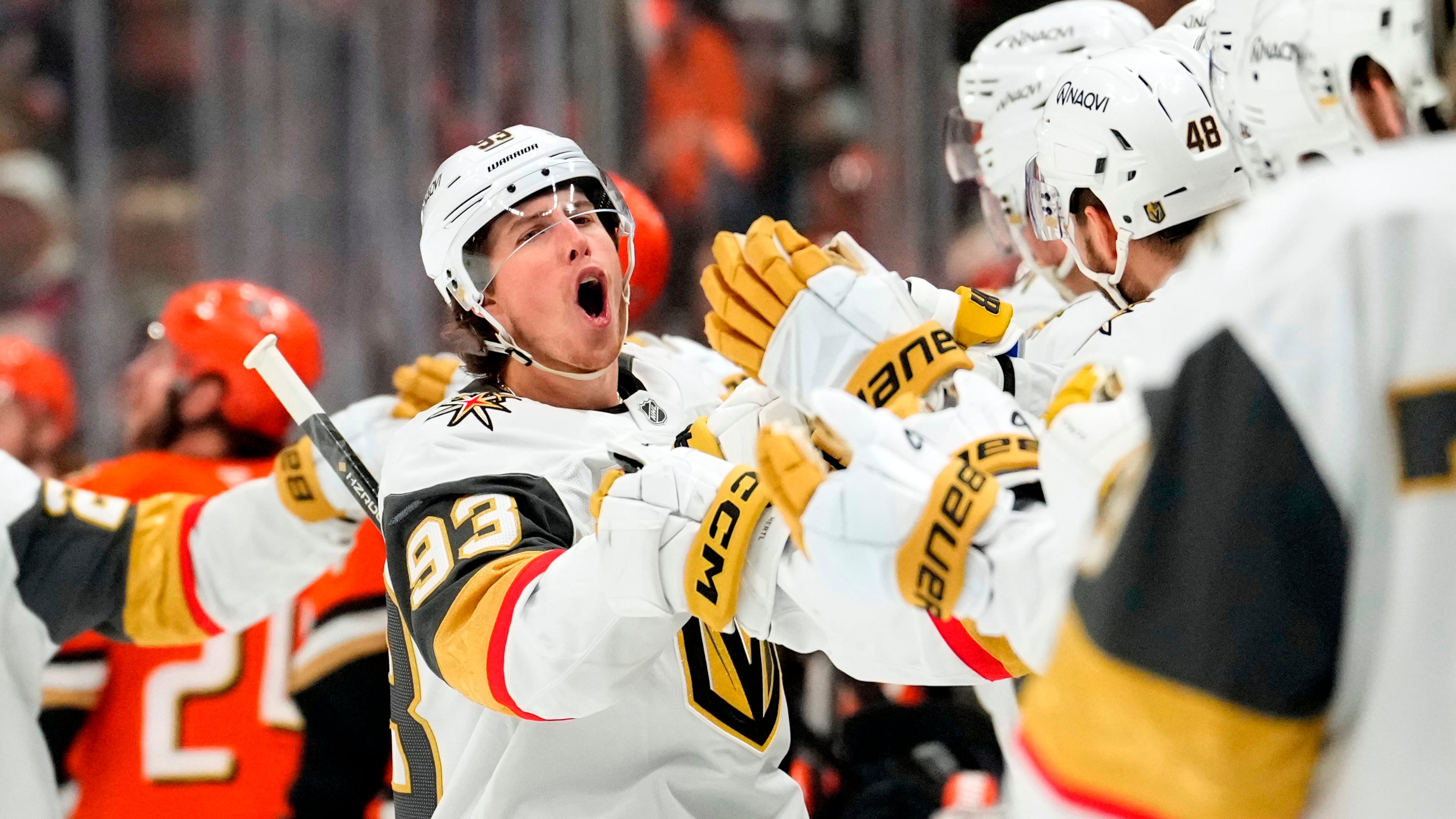 Vegas Golden Knights right wing Mitch Marner, second from left, celebrates his goal with teammates during the first period in Game 6 of a second-round NHL hockey Stanley Cup playoff series against the Anaheim Ducks, Thursday, May 14, 2026, in Anaheim, Calif. (AP Photo/Mark J. Terrill)
