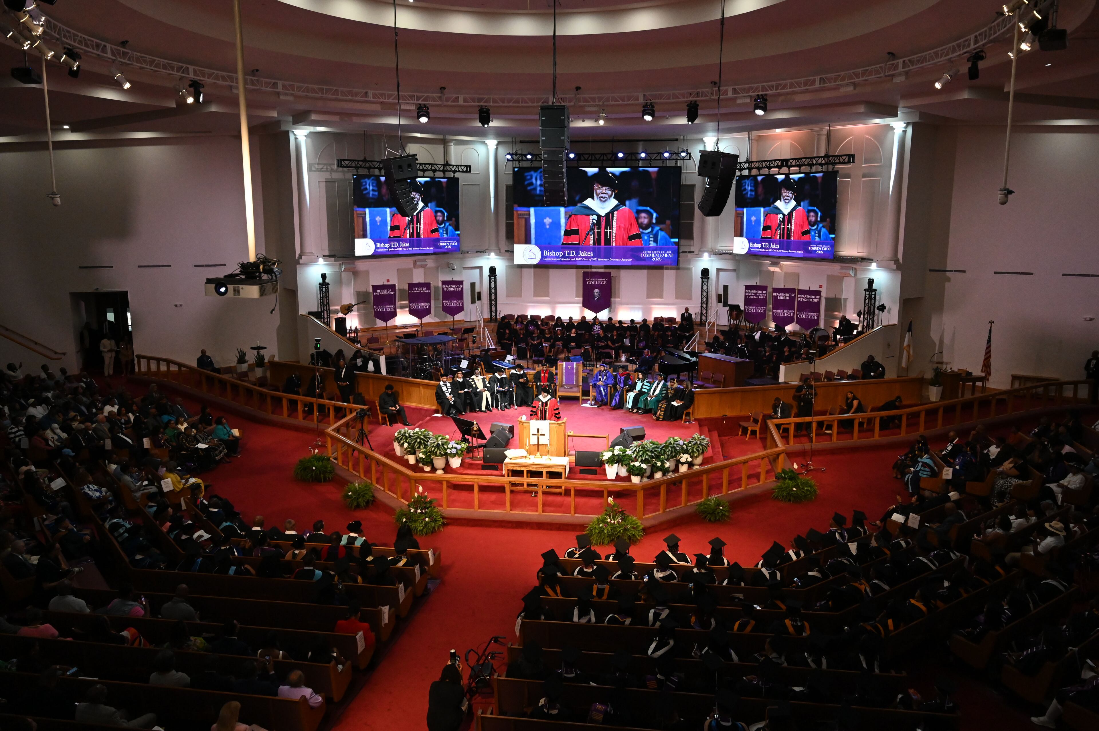 Bishop T.D. Jakes delivers the commencement address during 2025 Morris Brown College commencement exercises at Saint Philip A.M.E. Church, Saturday, May 17, 2025, in Atlanta. (Hyosub Shin / AJC)