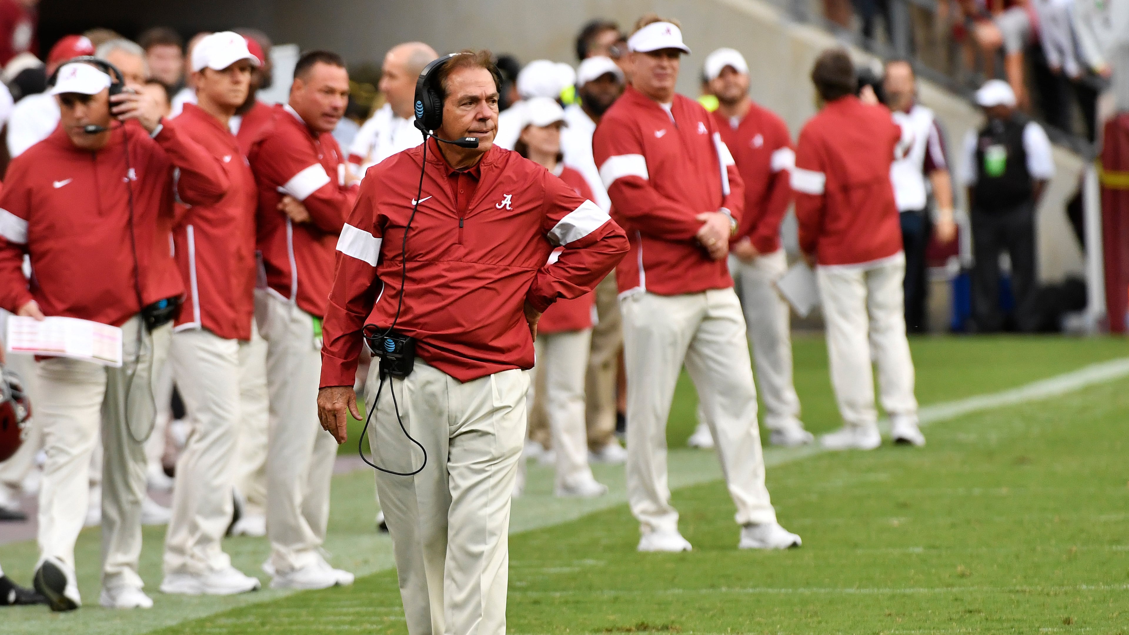 Nick Saban of the Alabama Crimson Tide looks on during the game against Texas A&M Aggies at Kyle Field on Oct. 12, 2019 in College Station, Texas.