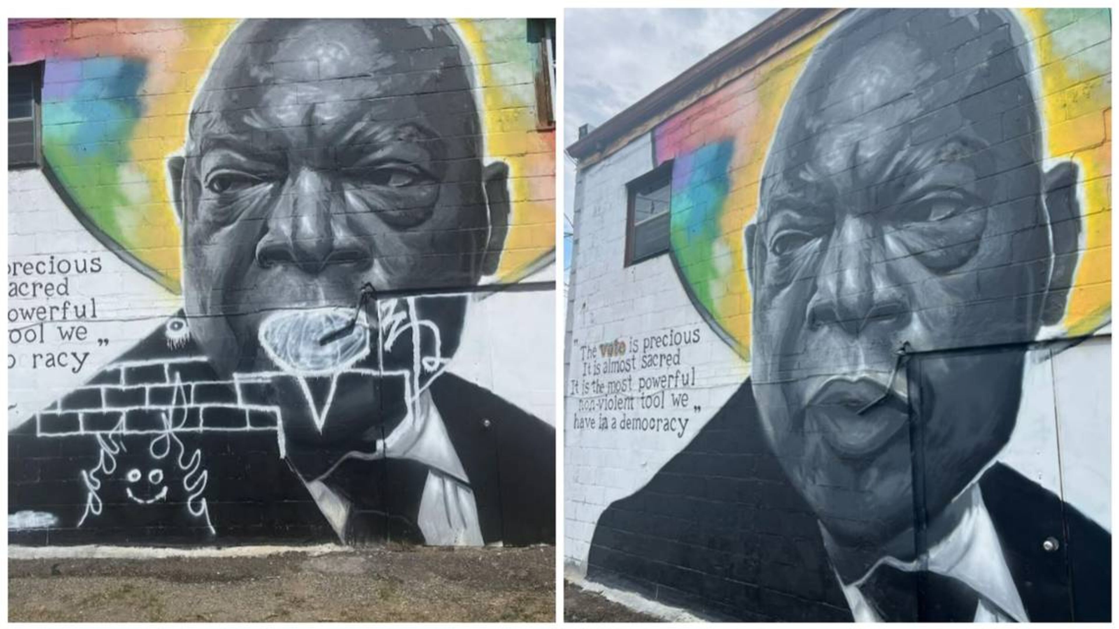 A mural of civil rights icon John Lewis shown after it was defaced with spray paint Friday afternoon, and the restored version shown Monday morning. Courtesy Warner Robins Police Department and Kevin "Scene" Lewis. (Courtesy of Warner Robins Police Department and Kevin 'Scene' Lewis)