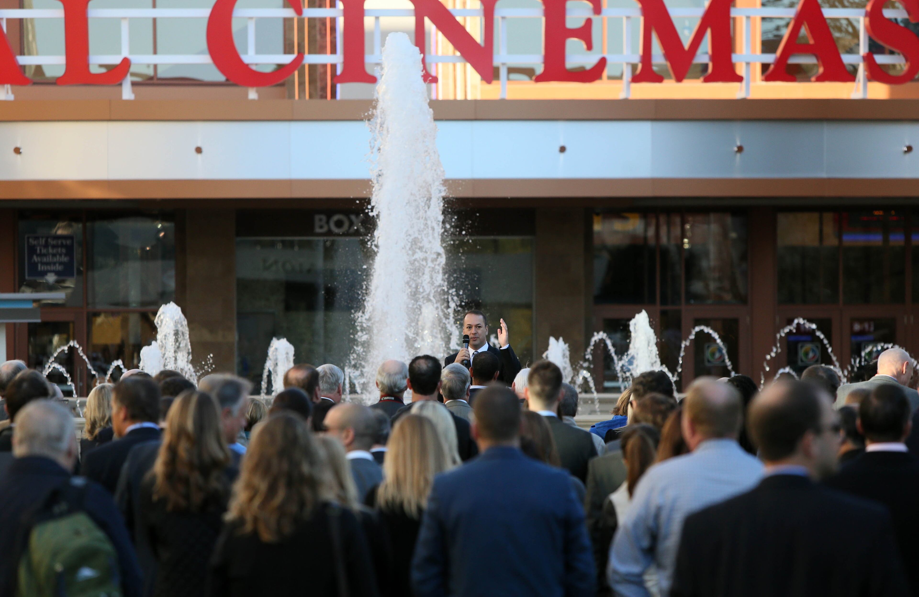 David Belle Isle, Mayor of Alpharetta, was one of several speakers during the grand opening ceremony. The grand opening celebration Oct. 30, 2014 at Avalon, North American Properties' $600 million mixed-use development in Alpharetta, included a VIP breakfast, speeches, a parade of merchants, music performances, and chef demonstrations. New to Georgia stores include Soft Surroundings, Cosmetic Market and Lou & Grey. BOB ANDRES / BANDRES@AJC.COM