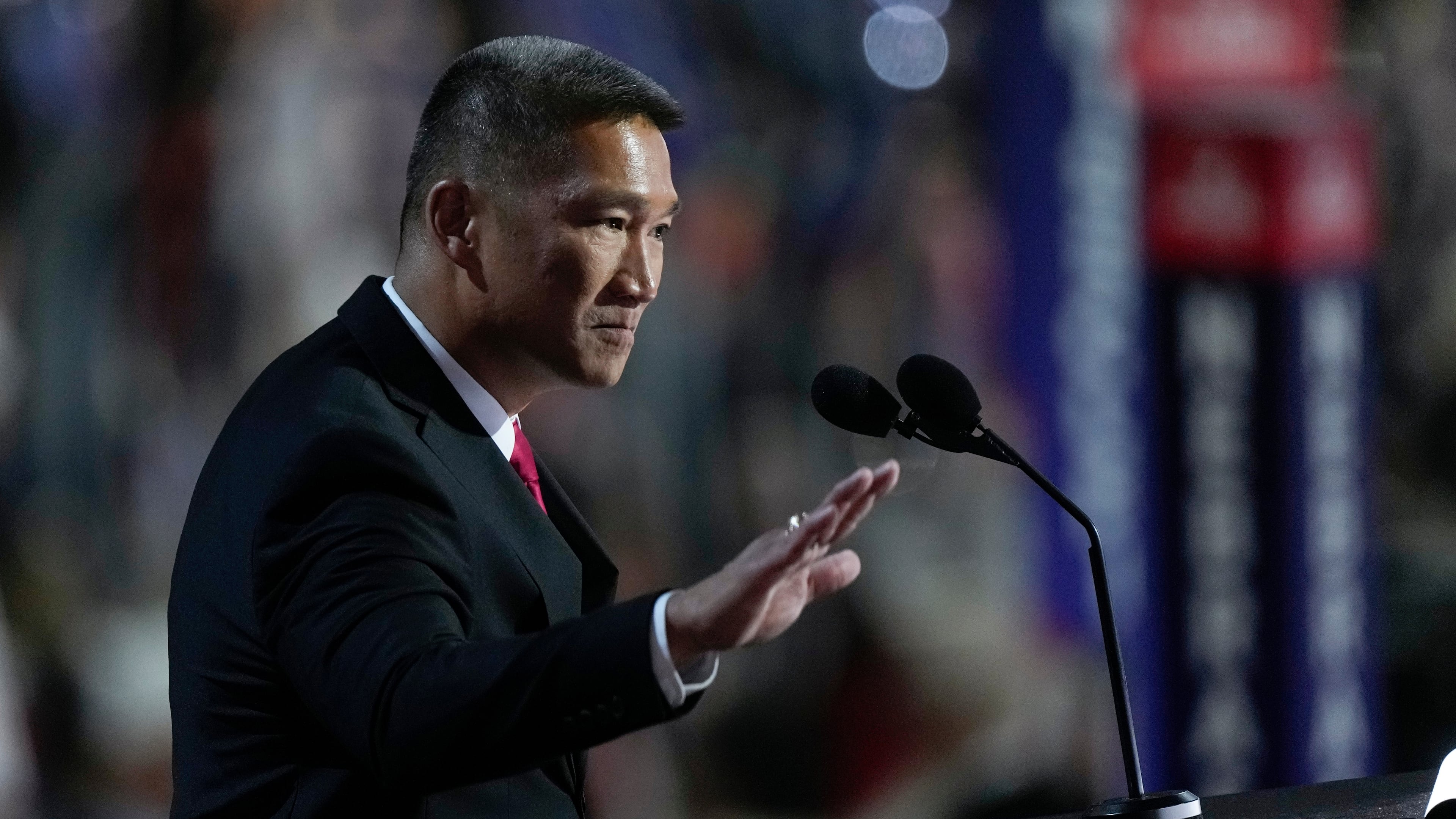 FILE - Hung Cao speaks during the Republican National Convention, July 16, 2024, in Milwaukee. (AP Photo/Matt Rourke, file)