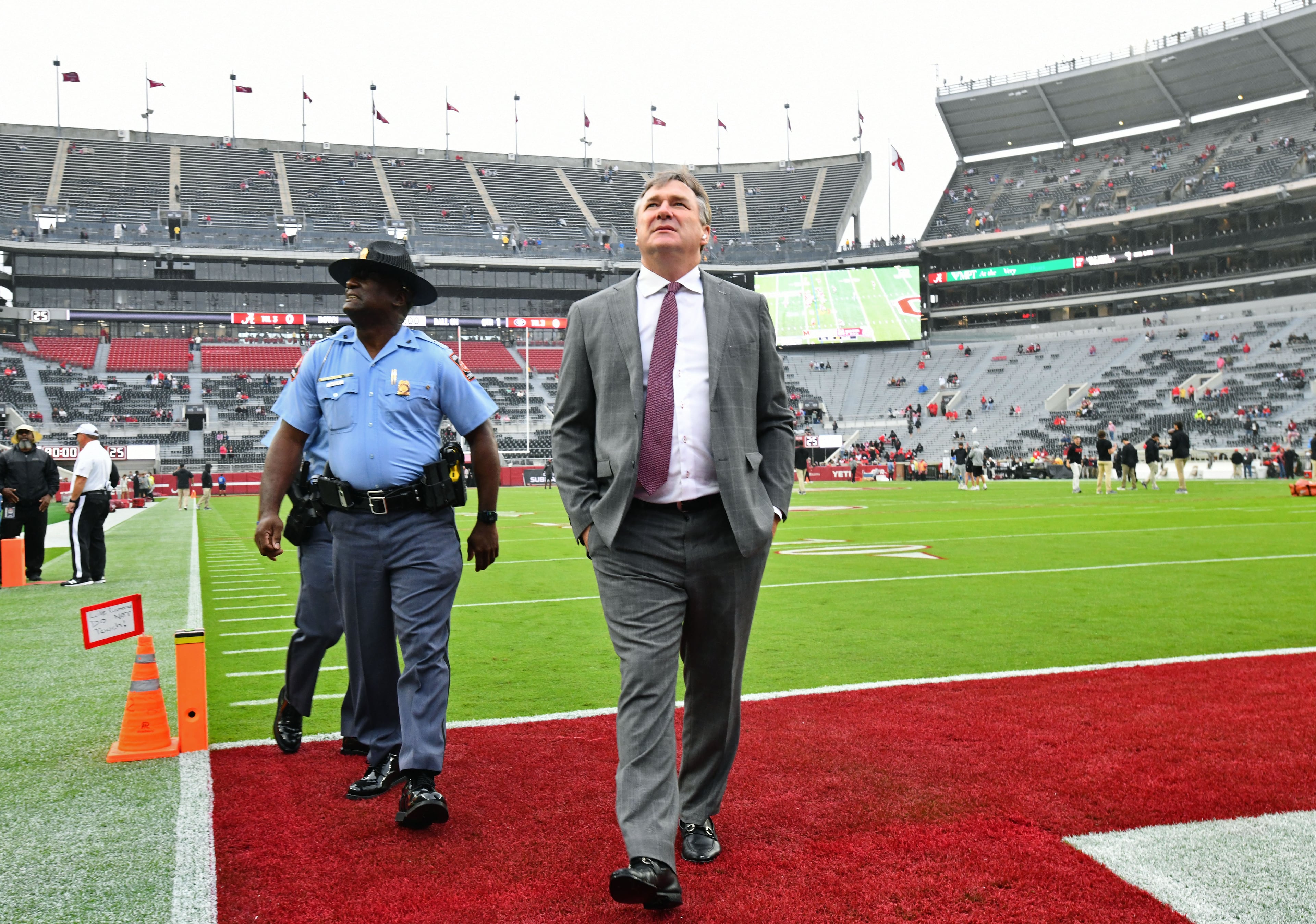 Georgia head coach Kirby Smart walks on the field after players and coaching staff arrive before an NCAA football game against Alabama at Bryant-Denny Stadium on Saturday, Oct. 10, 2026, in Tuscaloosa, Alabama. (Hyosub Shin/AJC)