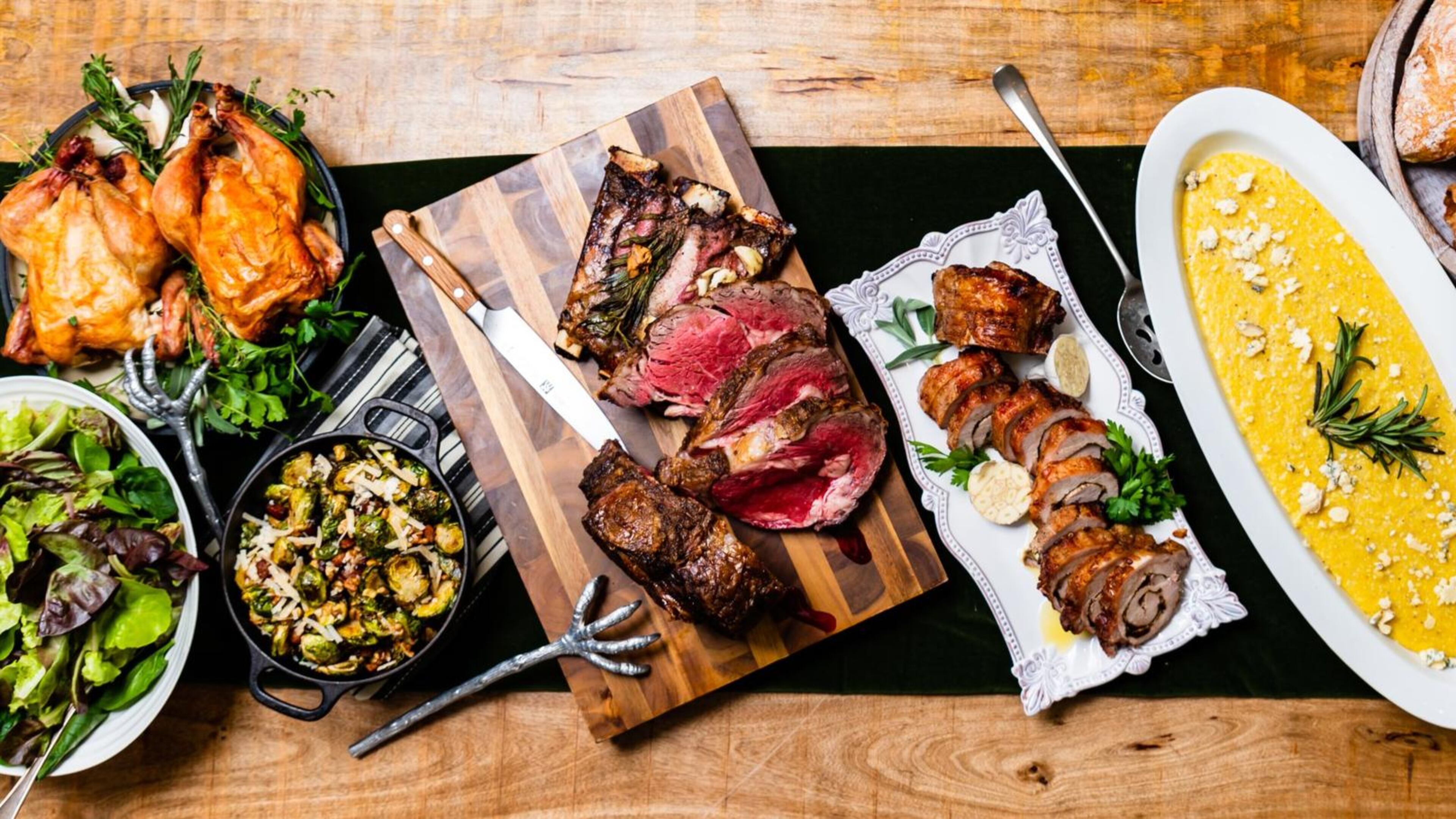 Here are some options for your Easter dinner from chef Rusty Bowers of Chop Shop and Pine Street Market: Brined and Roasted Whole Chicken, King Prime Rib and Pork Loin Stuffed with Porcini and Herb Butter. Sides include Brussels Sprouts with Walnuts and Bacon (second from bottom left) and Creamy Polenta (right). CONTRIBUTED BY HENRI HOLLIS