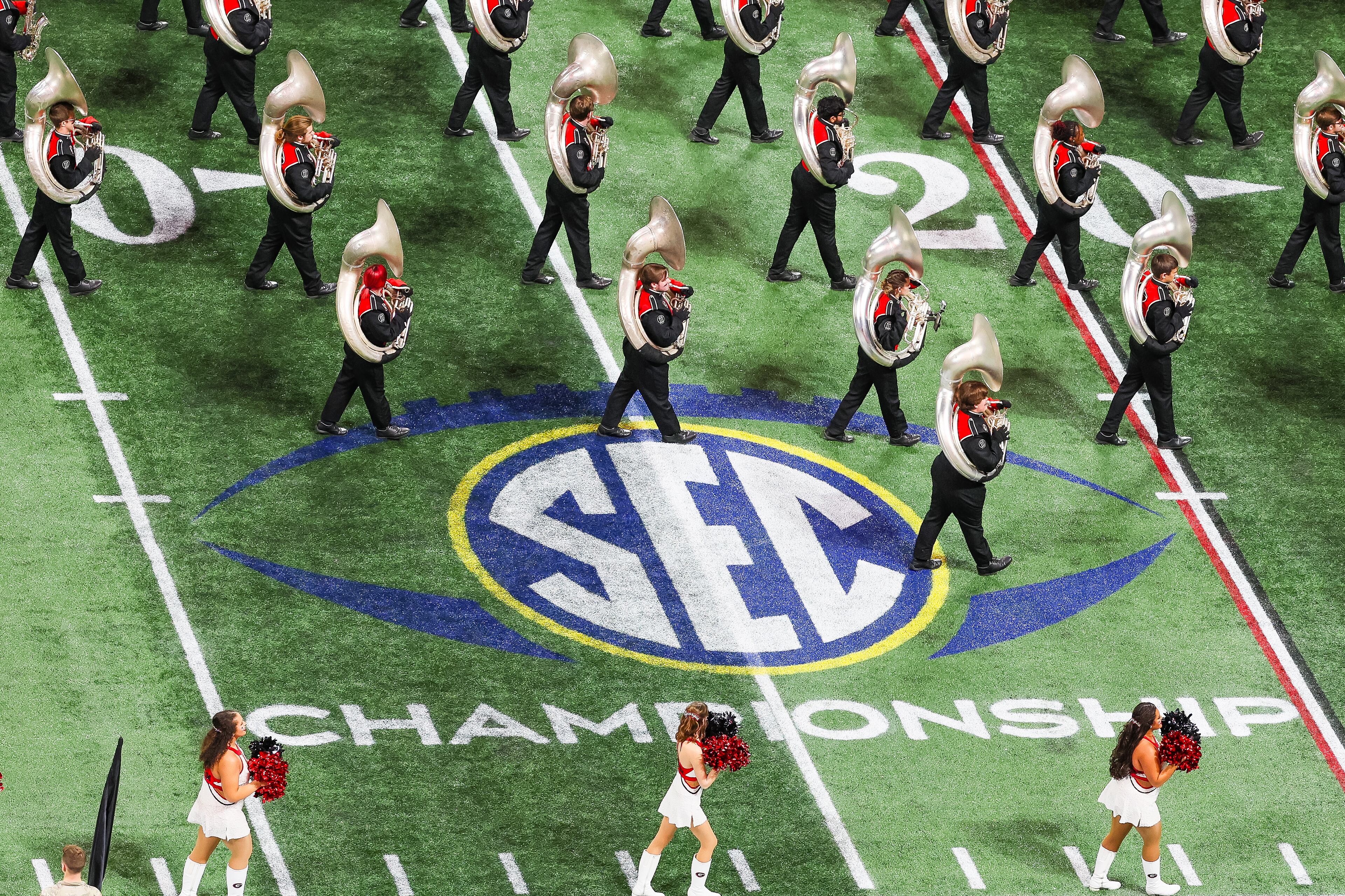 The Georgia marching band performs during the SEC Championship Game at Mercedes-Benz Stadium, Saturday, Dec. 6, 2025, in Atlanta. (Jason Getz / AJC)