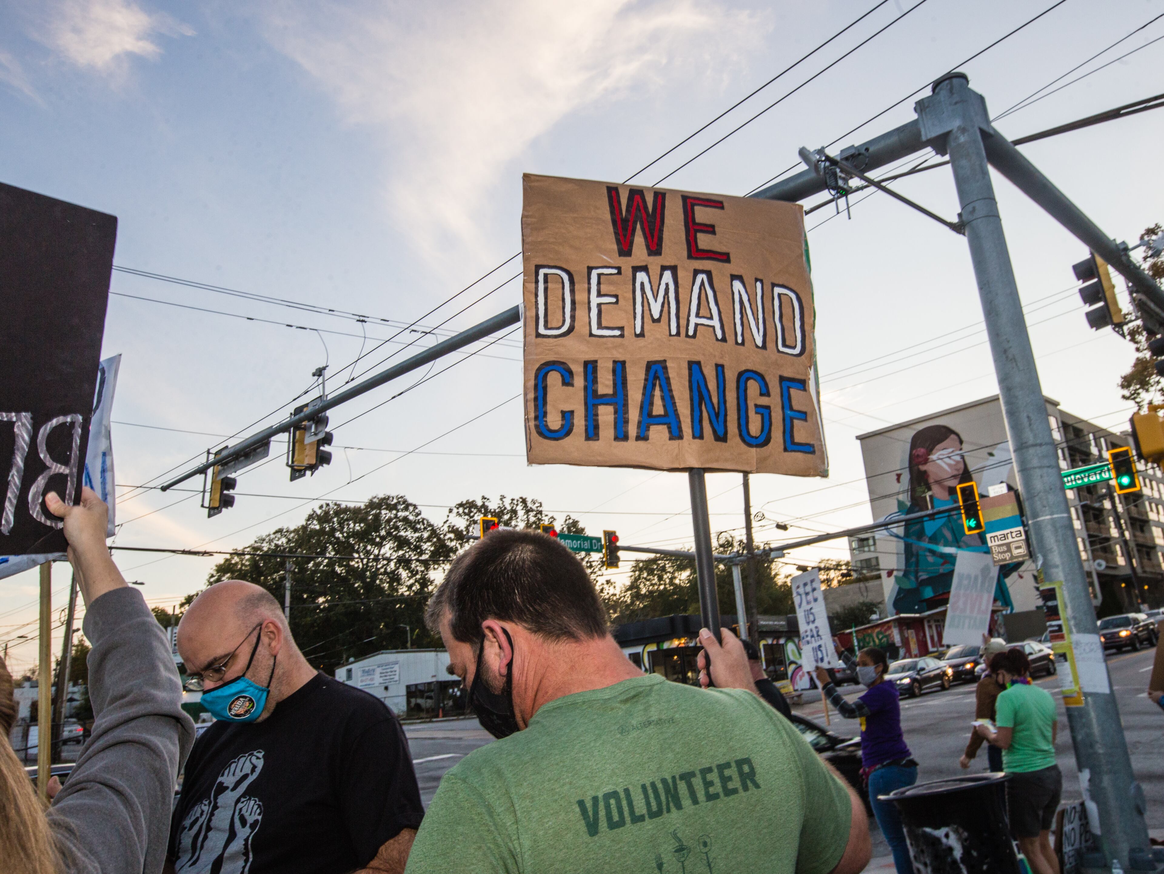 Refuse Facism organizes and shows up for another evening of demonstrations at the corner of Memorial Drive and Boulevard on Friday, Nov 6, 2020. The group of mainly Cabbagetown residents, have demonstrated nightly since the election and every week night since June 4. (Jenni Girtman for The Atlanta Journal-Constitution)