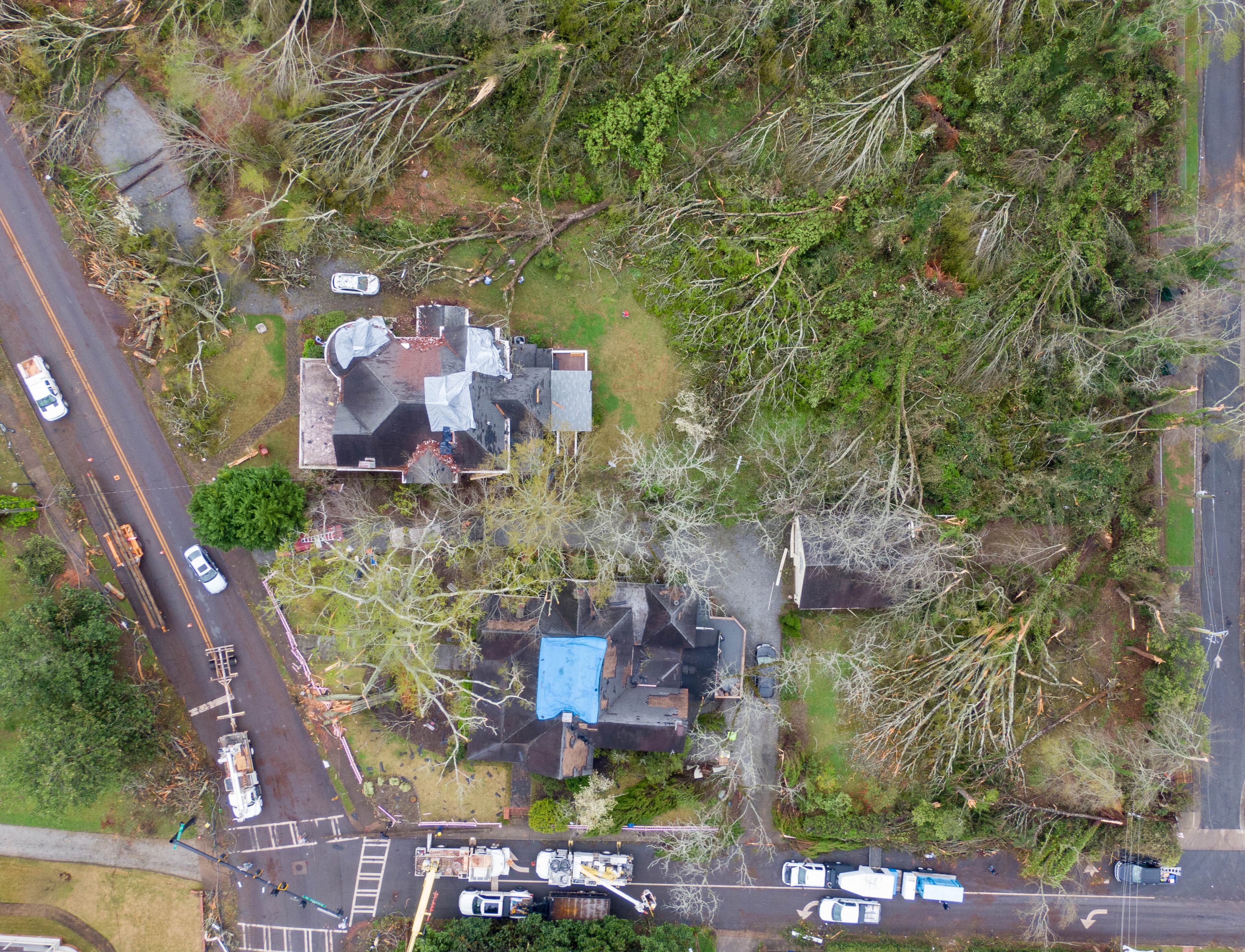 Aerial photograph taken on Saturday, March 27 shows the aftermath of the tornado that tore through the Newnan late Thursday night into Friday morning. (Hyosub Shin / Hyosub.Shin@ajc.com)