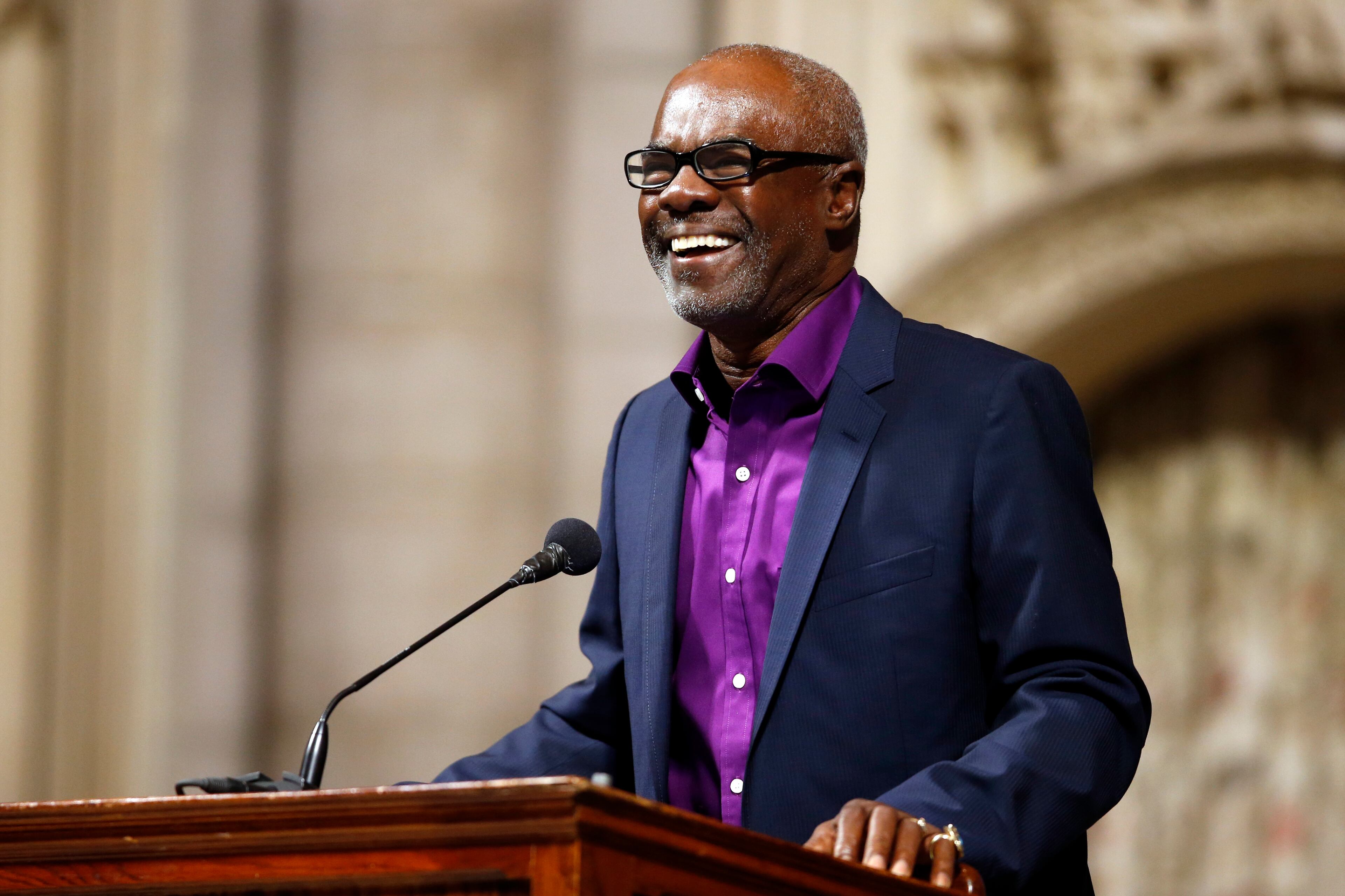 Actor Glynn Turman shares a recollection about Ruby Dee during a memorial service for the actress at The Riverside Church, Saturday, Sept. 20, 2014 in New York. (AP Photo/Jason DeCrow)