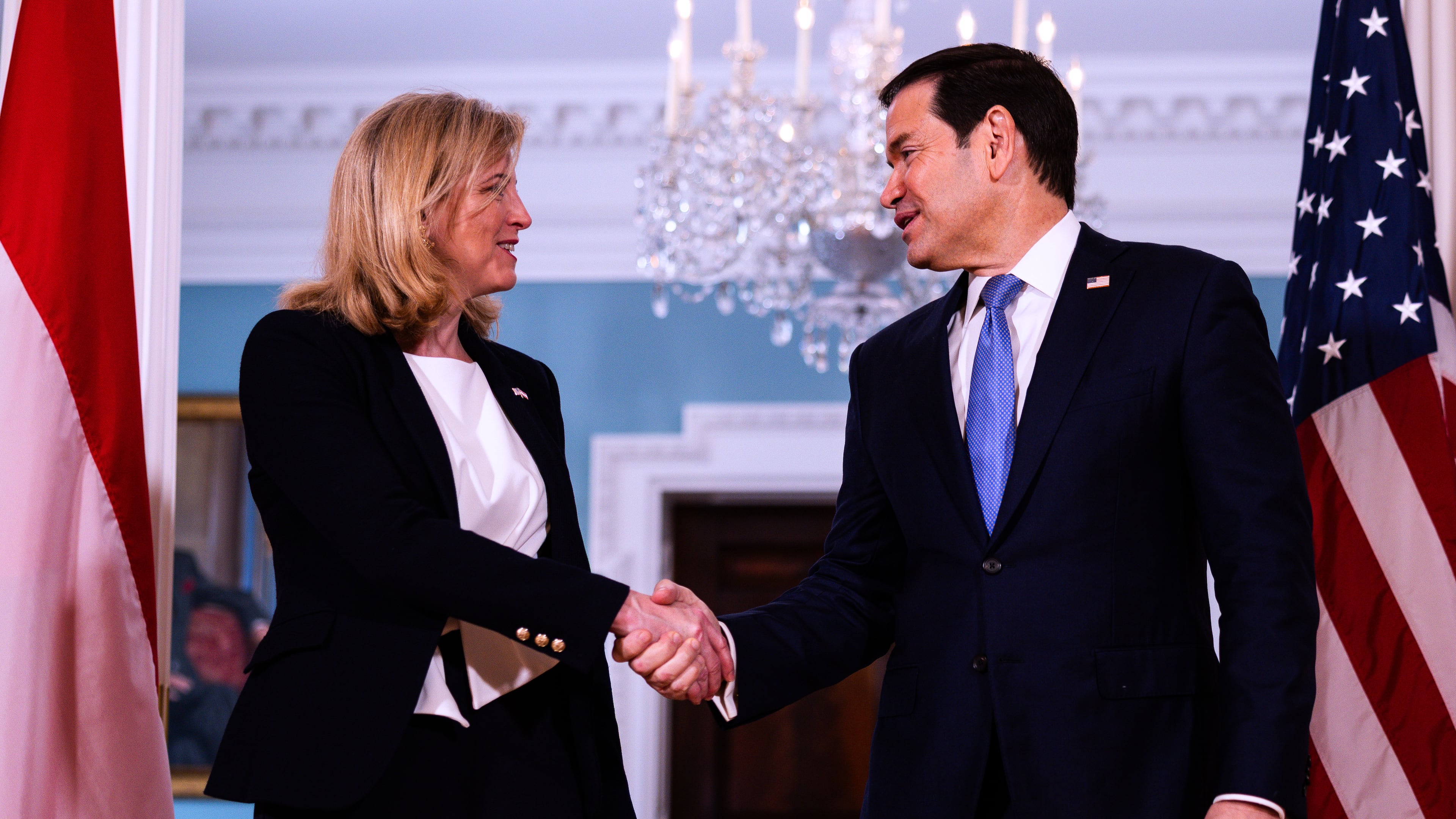 Secretary of State Marco Rubio arrives with Austrian Foreign Minister Beate Meinl-Reisinger, to the Treaty Room at the State Department, Tuesday, Aug. 11, 2026, in Washington. (AP Photo/Tierney L. Cross)