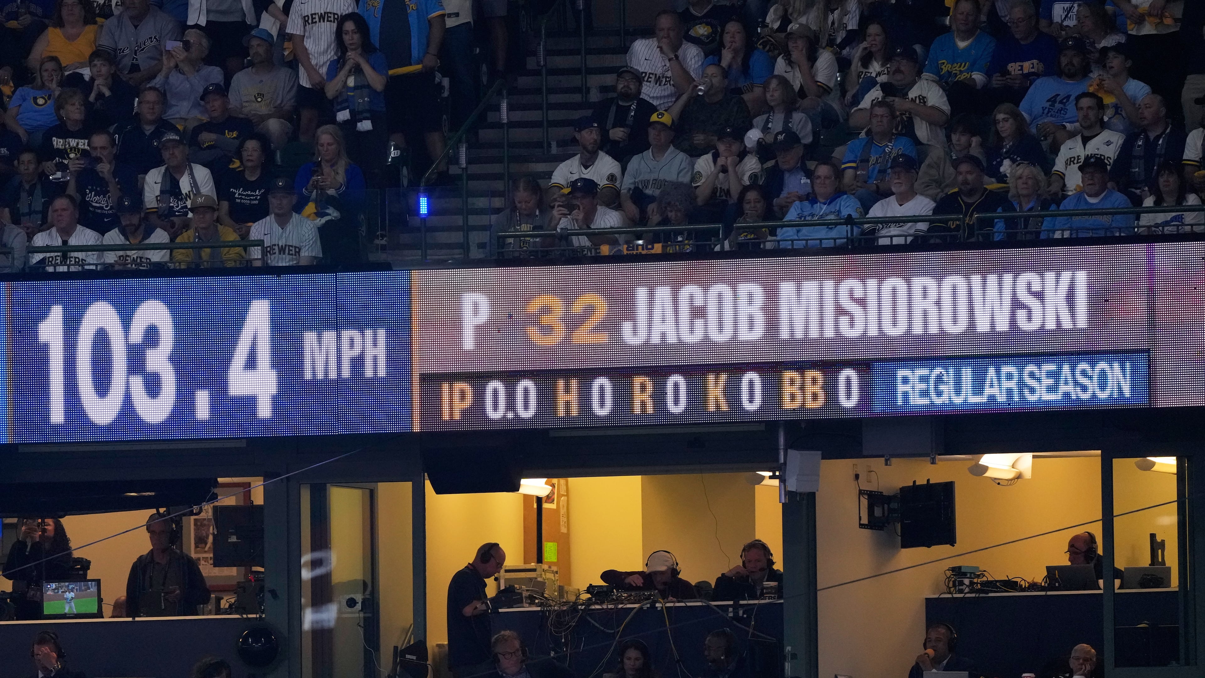 Milwaukee Brewers pitcher Jacob Misiorowski pitch speed is seen during the first inning of Game 1 of baseball's World Series, Friday, Oct. 23, 2026, in Milwaukee, between the Milwaukee Brewers and the Tampa Bay Rays. (AP Photo/David J. Phillip)