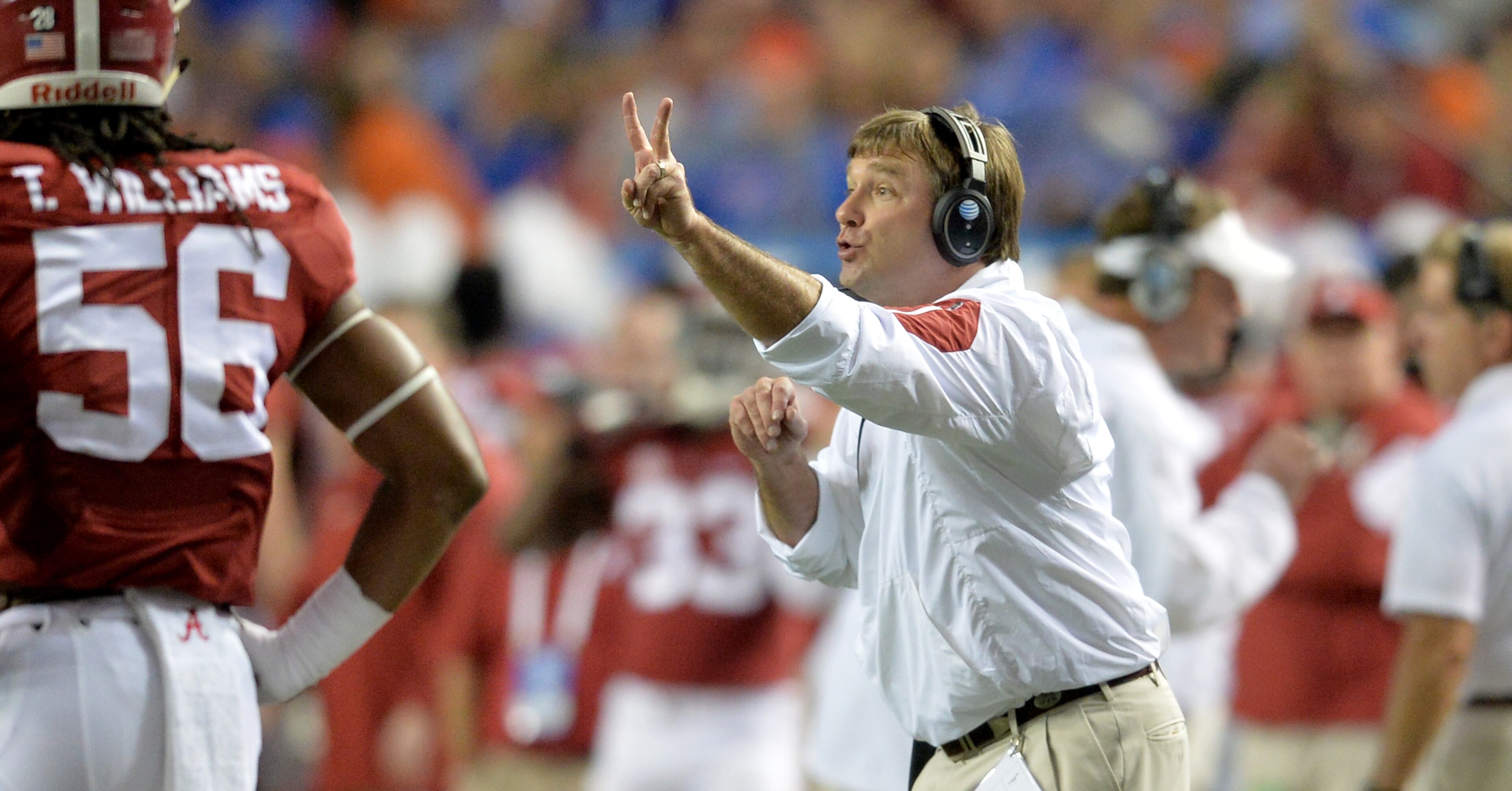 December 5, 2015 Atlanta: Alabama defensive coordinator Kirby Smart during the SEC Championship at the Georgia Dome Saturday December 5, 2015. BRANT SANDERLIN/BSANDERLIN@AJC.COM