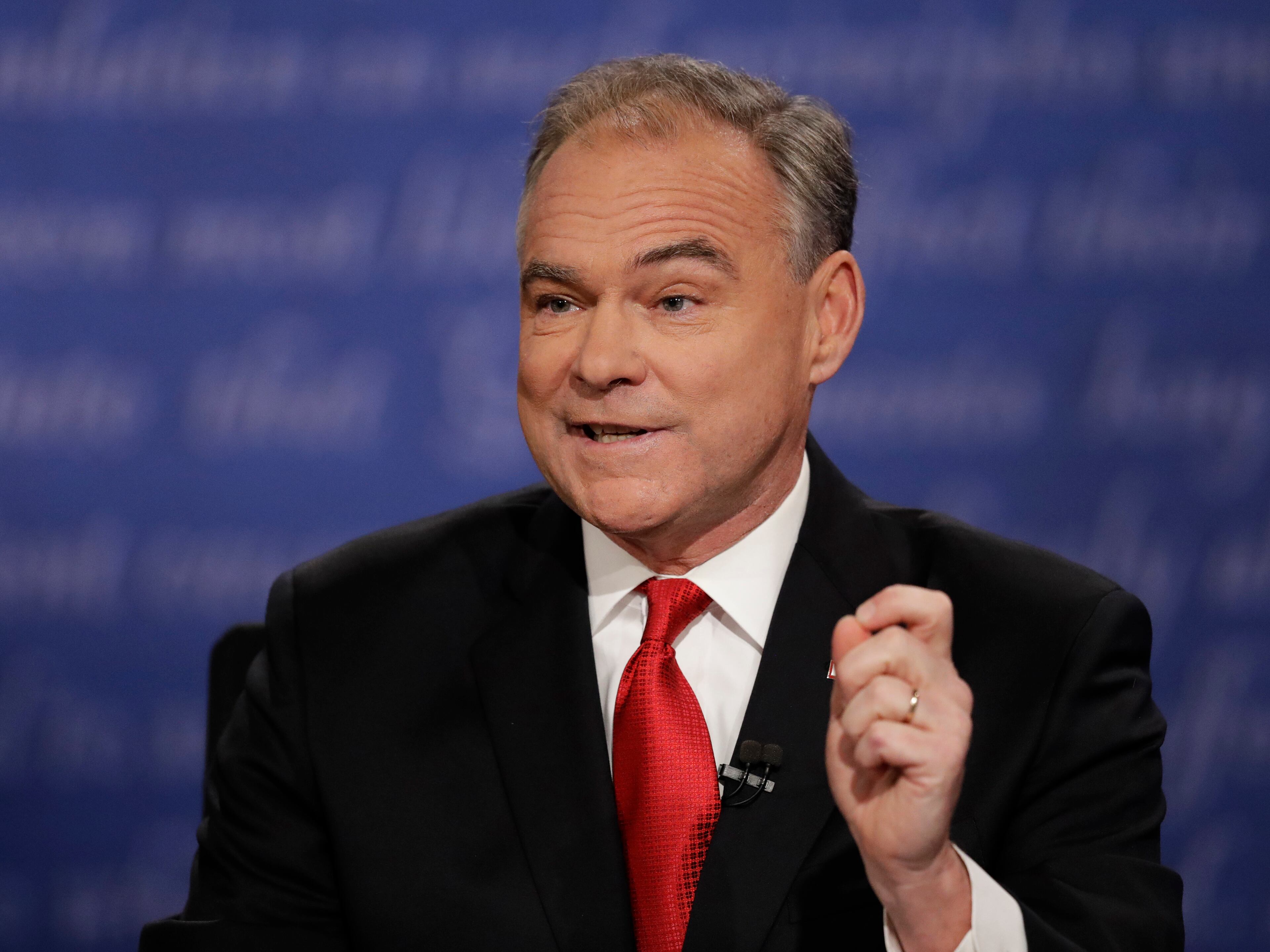 Democratic vice presidential nominee Sen. Tim Kaine speaks during the debate with Republican vice presidential nominee Gov. Mike Pence at Longwood University in Farmville, Va., Tuesday, Oct. 4, 2016. (AP Photo/Julio Cortez)