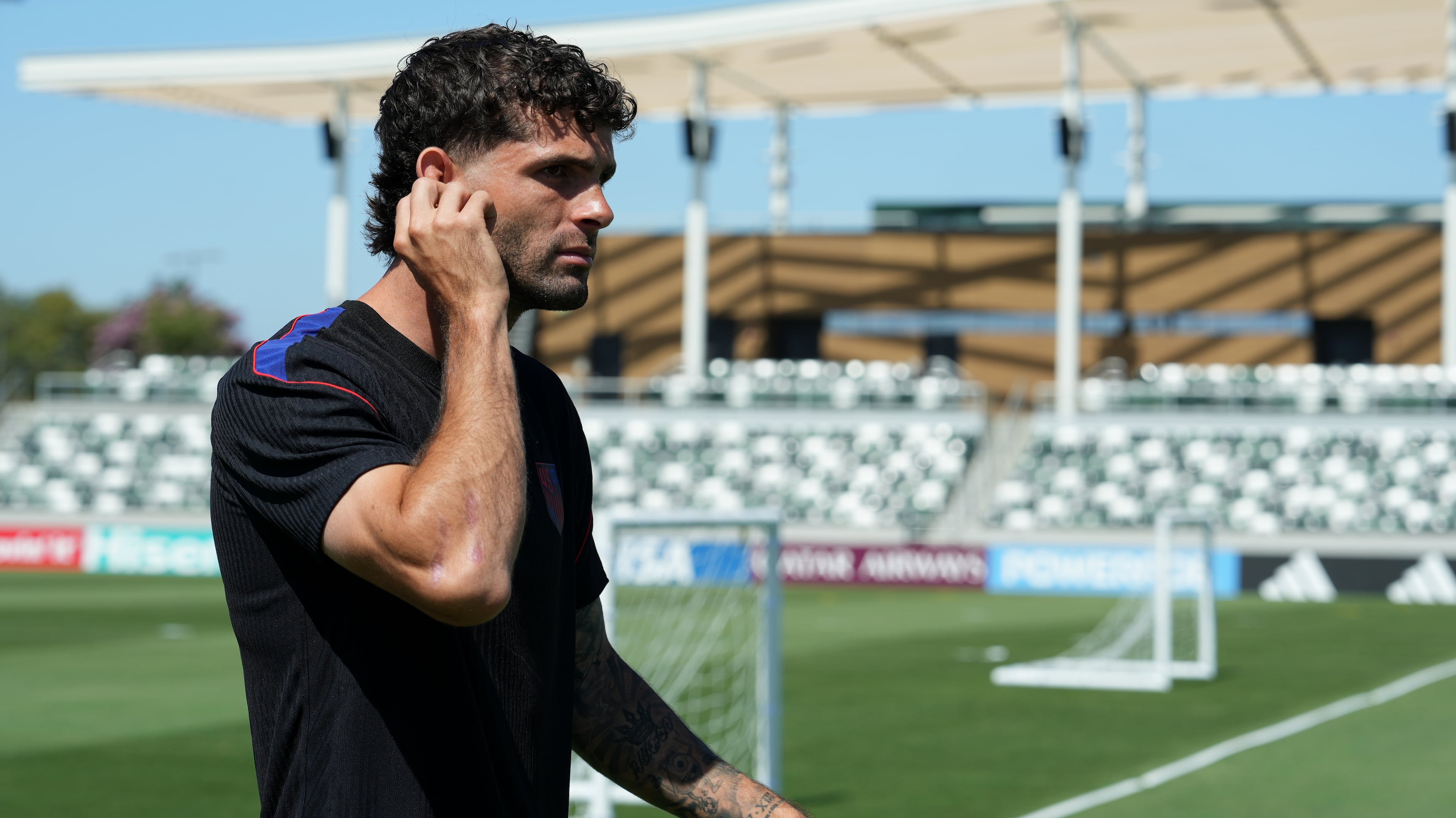 United States' Christian Pulisic attends a training session ahead of his FIFA World Cup match against Paraguay at its World Cup soccer tournament training base in Irvine, Calif., Thursday, June 11, 2026. (AP Photo/Andre Penner)