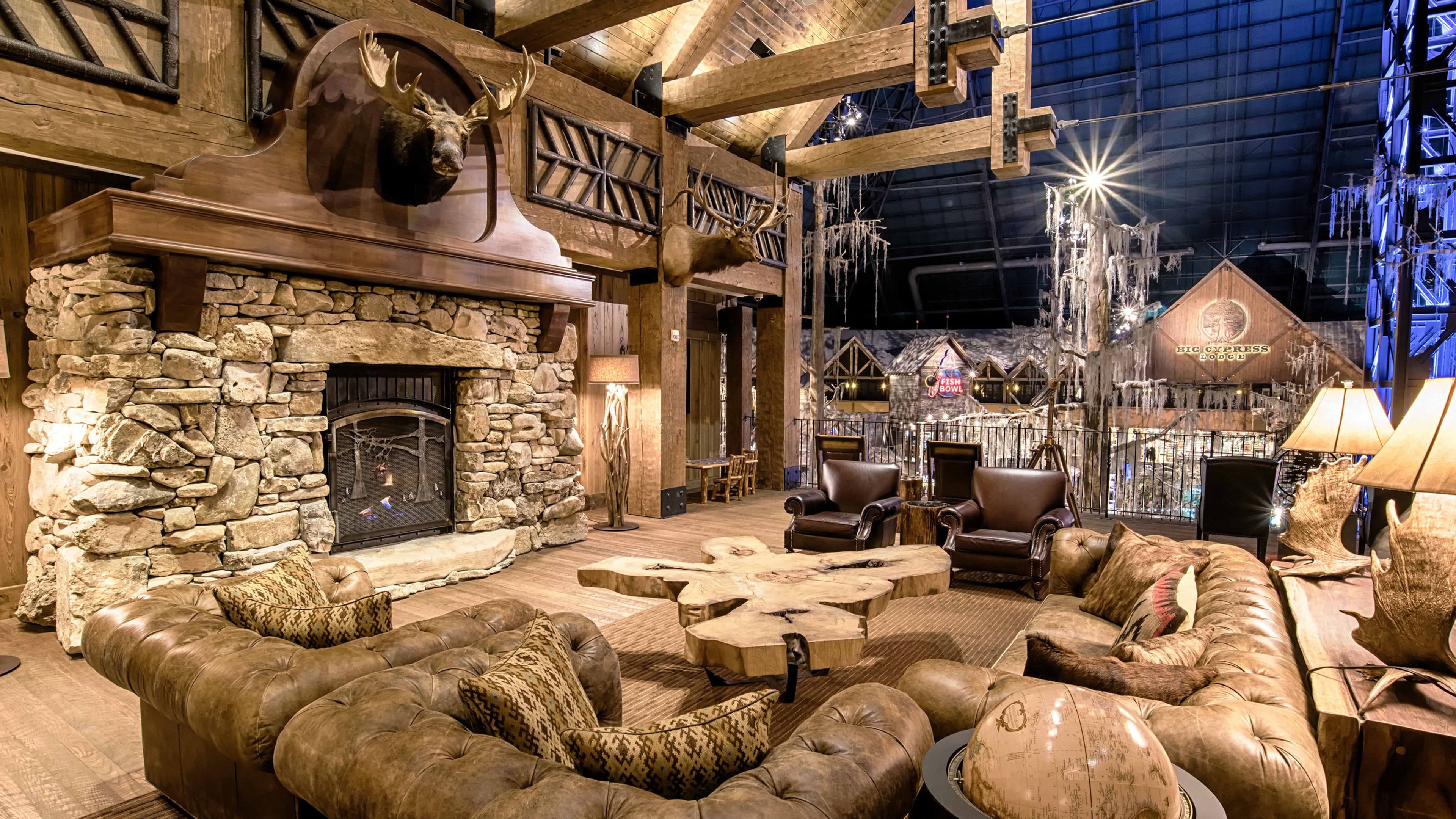 The third-floor lobby area of Big Cypress Lounge in Memphis, Tenn., is a lounge area for guests, with taxidermy, a player piano and a view into the expansive Bass Pro Shops at the Pyramid below. (Handout)
