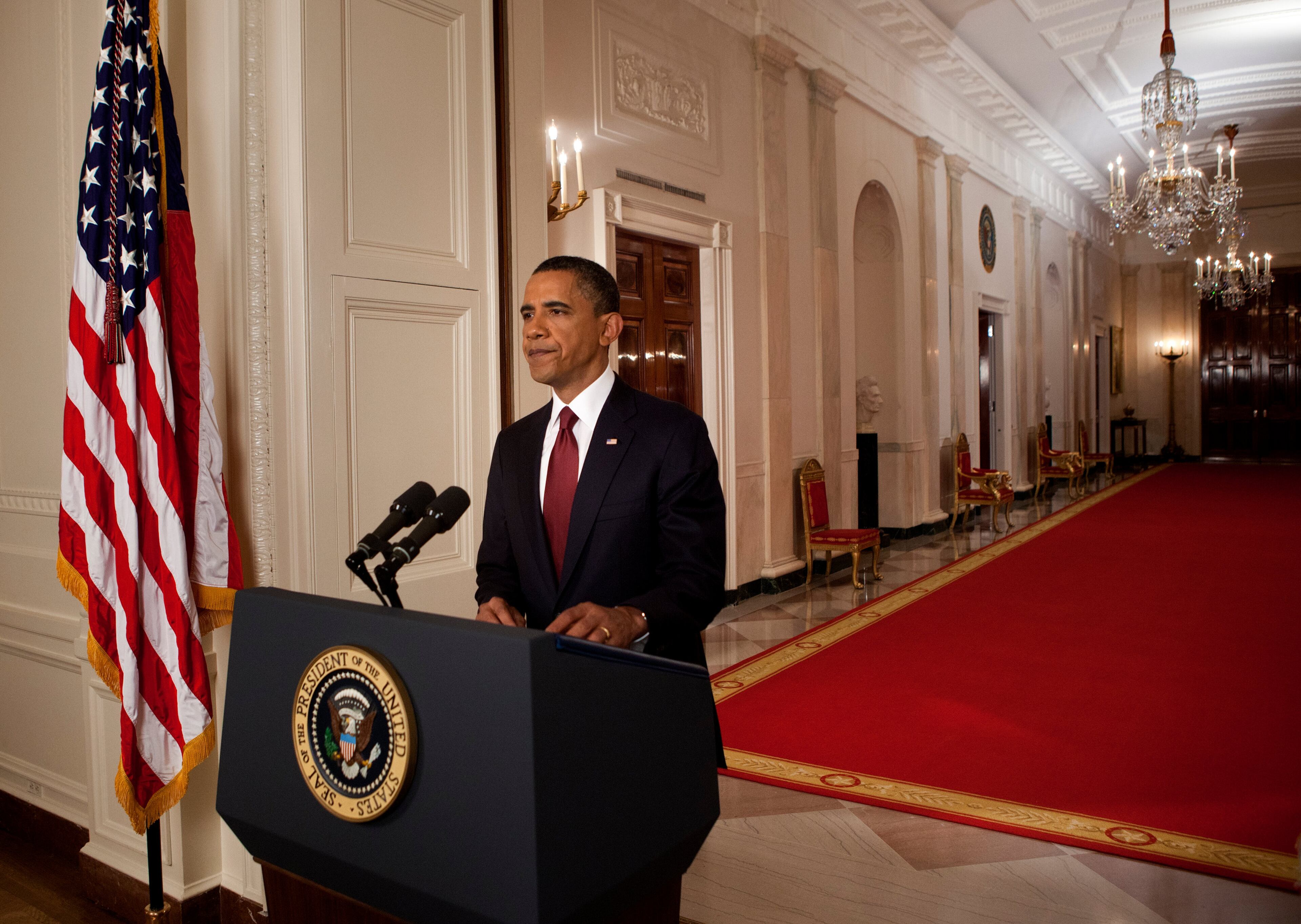 U.S. President Barack Obama stands after addressing the nation on TV from the East Room of the White House to make a televised statement May 1, 2011 in Washington, DC. Bin Laden has been killed near Islamabad, Pakistan almost a decade after the terrorist attacks of Sept. 11, 2001 and his body is in possession of the United States. (Photo by Brendan Smialowski-Pool/Getty Images)