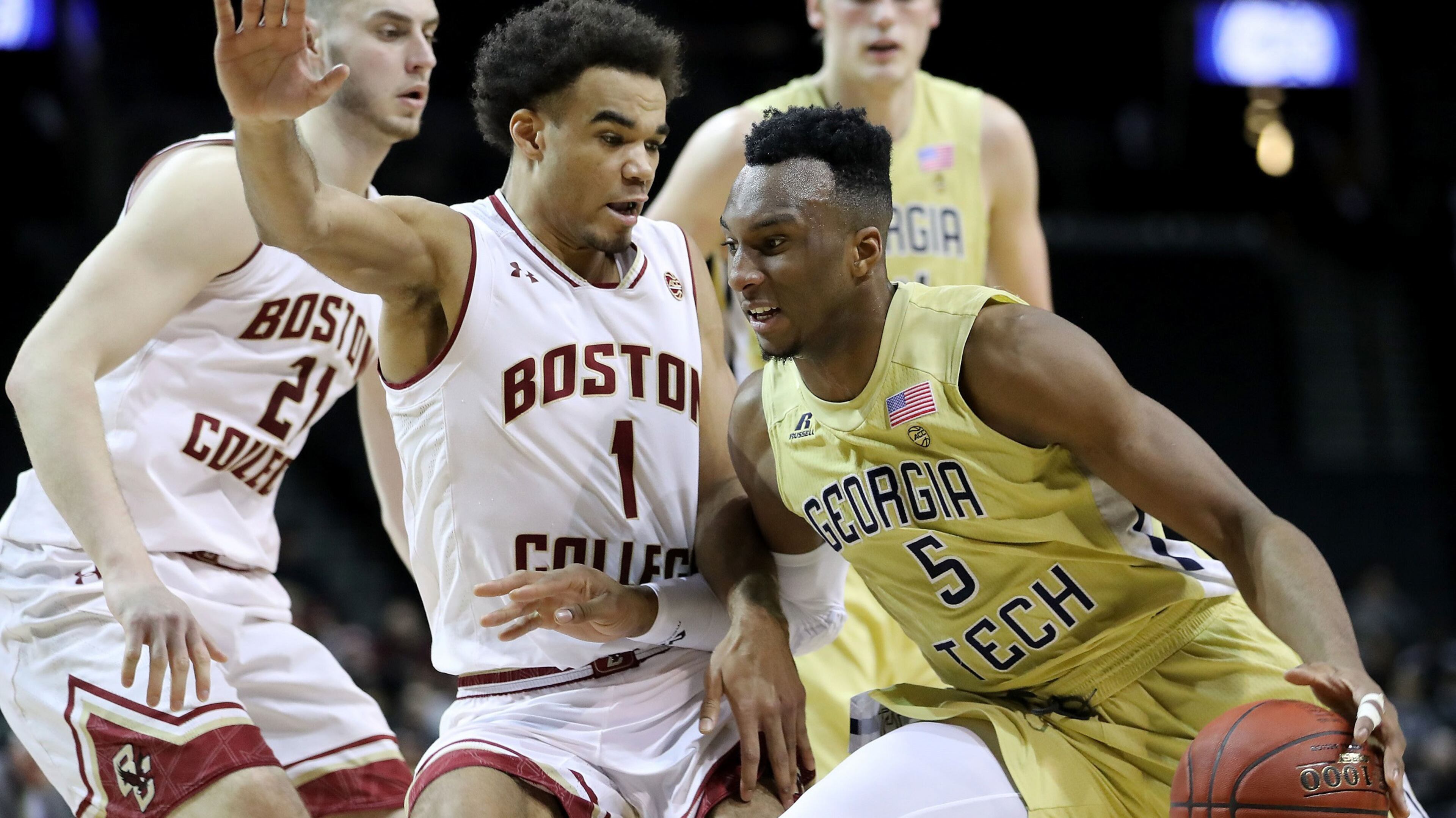 Josh Okogie of the Georgia Tech Yellow Jackets works against Jerome Robinson #1 of the Boston College Eagles in the first half during the first round of the ACC Men's Basketball Tournament at Barclays Center on March 6, 2018 in New York City. (Photo by Abbie Parr/Getty Images)
