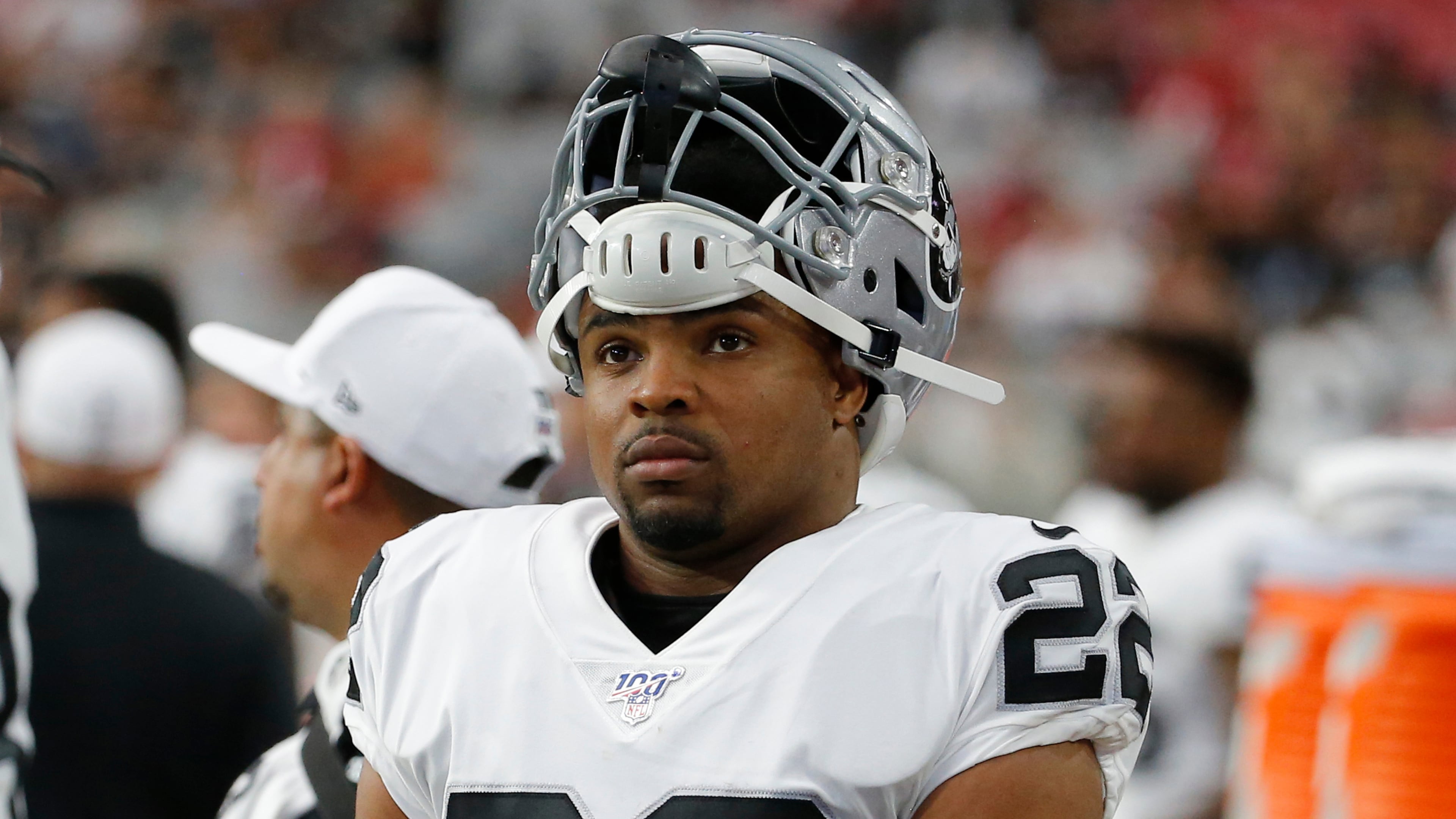 FILE - Oakland Raiders running back Doug Martin looks on during an NFL preseason football game against the Arizona Cardinals, Aug. 15, 2019, in Glendale, Ariz. (AP Photo/Rick Scuteri, File)