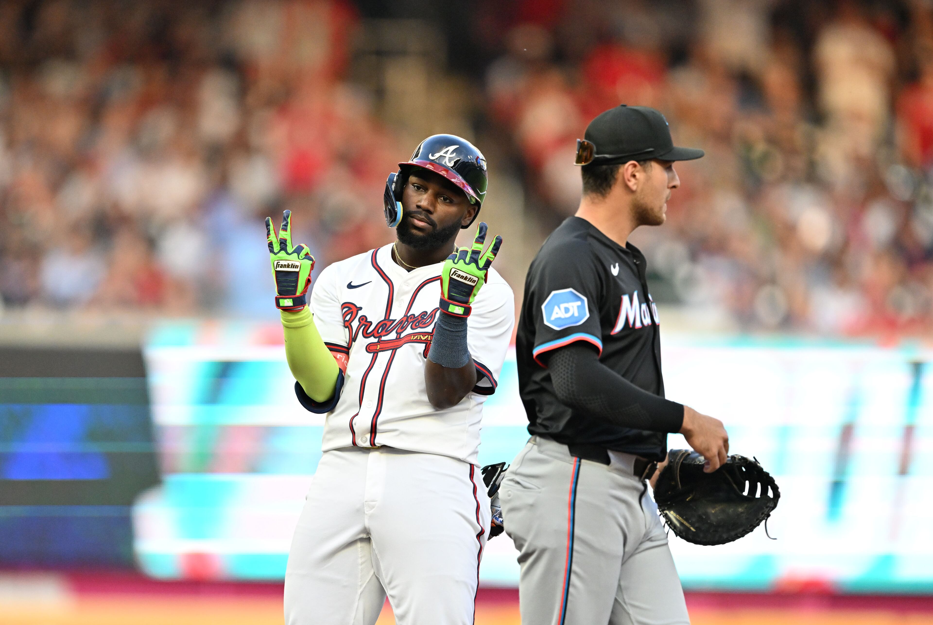 Atlanta Braves outfielder Michael Harris II (23) reacts after hitting a double during the second inning of home opener baseball game at Truist Park, Friday, April 4, 2025, in Atlanta. (Hyosub Shin / AJC)