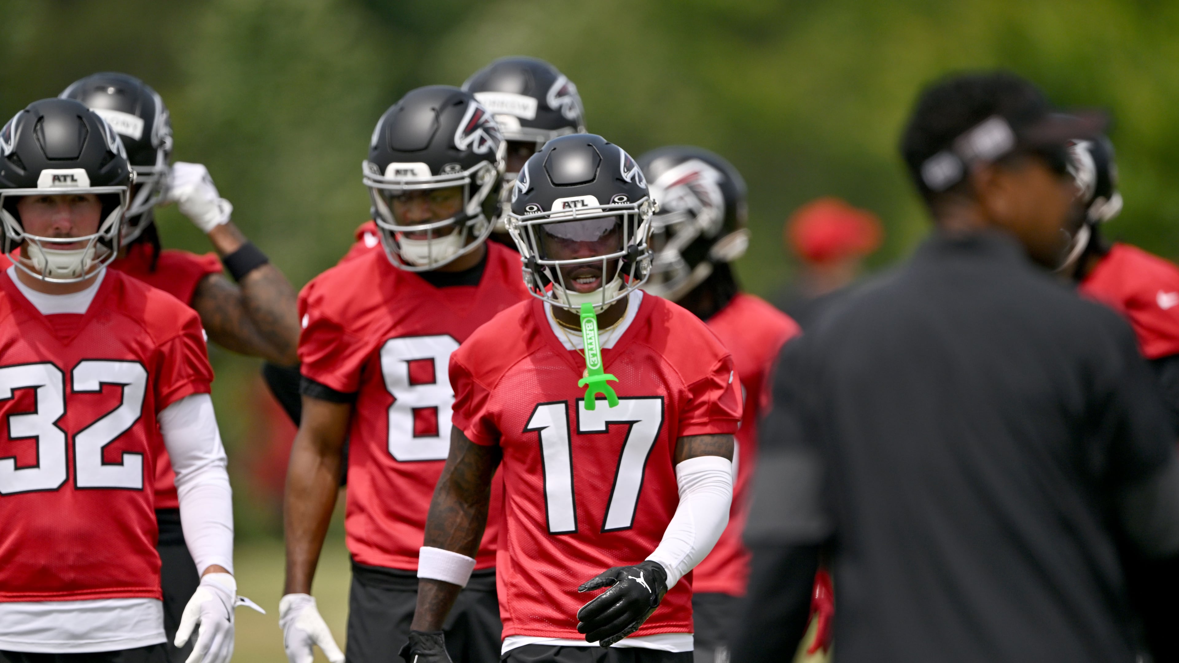 Atlanta Falcons rookie wide receiver Zachariah Branch (center) runs a drill with other rookies during the Falcons’ rookie minicamp at the team’s training facility on Friday, May 8, 2026, in Flowery Branch. Where does he rank on our list? (Hyosub Shin/AJC)