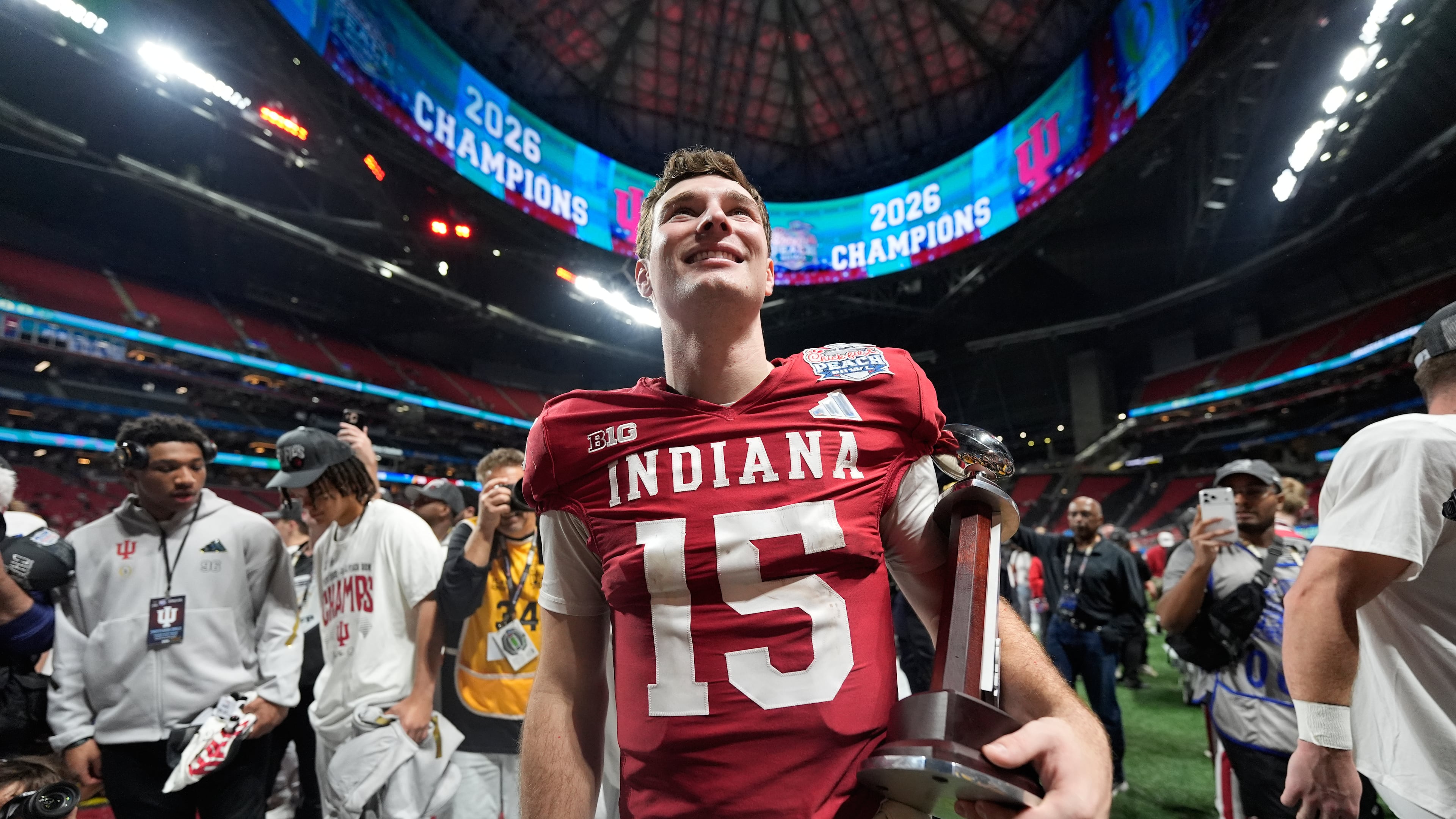 Indiana quarterback Fernando Mendoza celebrates a win against Oregon after the Peach Bowl on Friday, Jan. 9, 2026, in Atlanta. ESPN suggested 80% of the crowd was of Indiana persuasion. (Brynn Anderson/AP)