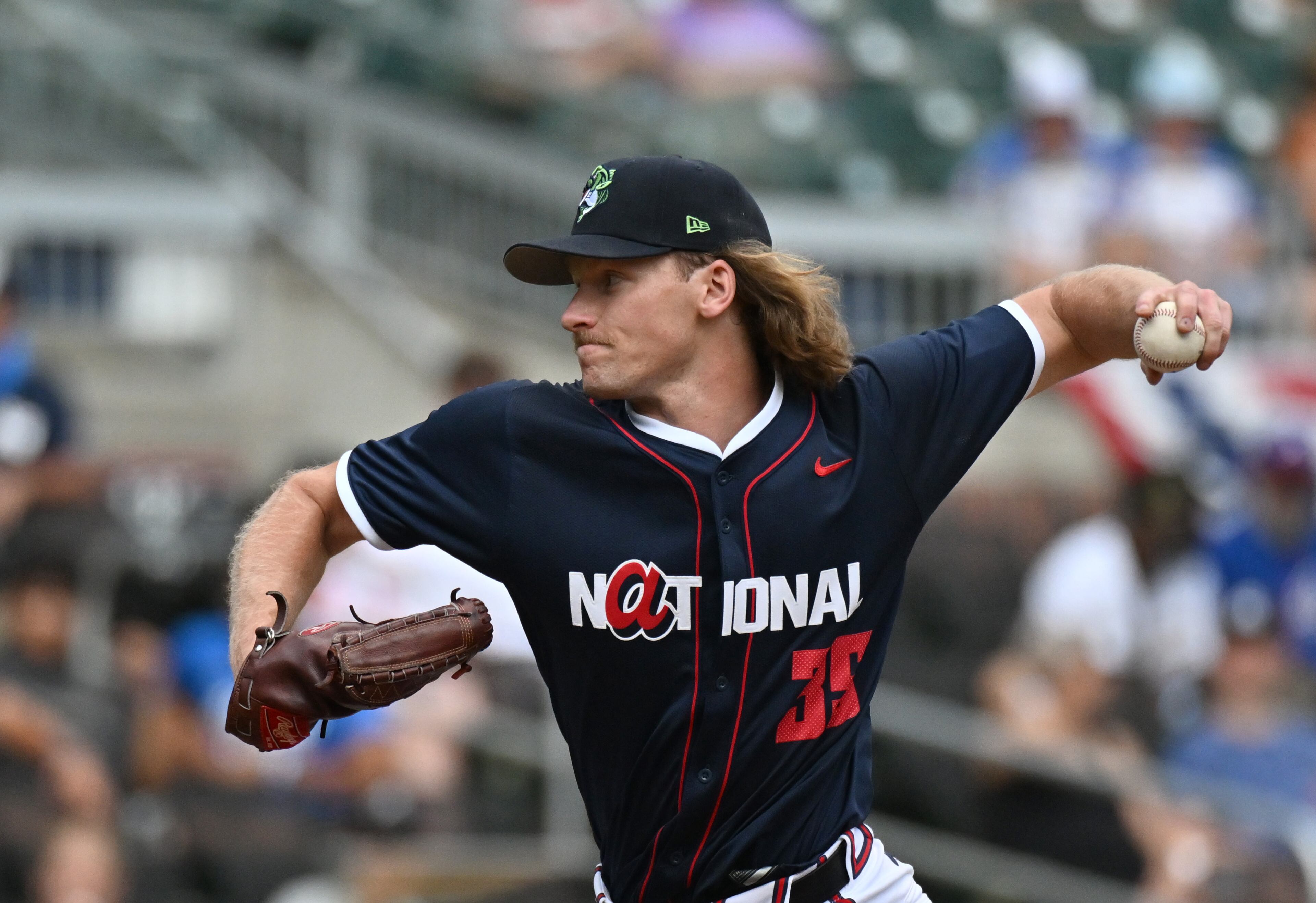 National League pitcher Hayden Harris (35) throws a ball during the fourth inning of the All-Star Futures Game at Truist Park, Saturday, July 12, 2025, in Atlanta. National League won 4-2 over American League. (Hyosub Shin / AJC)