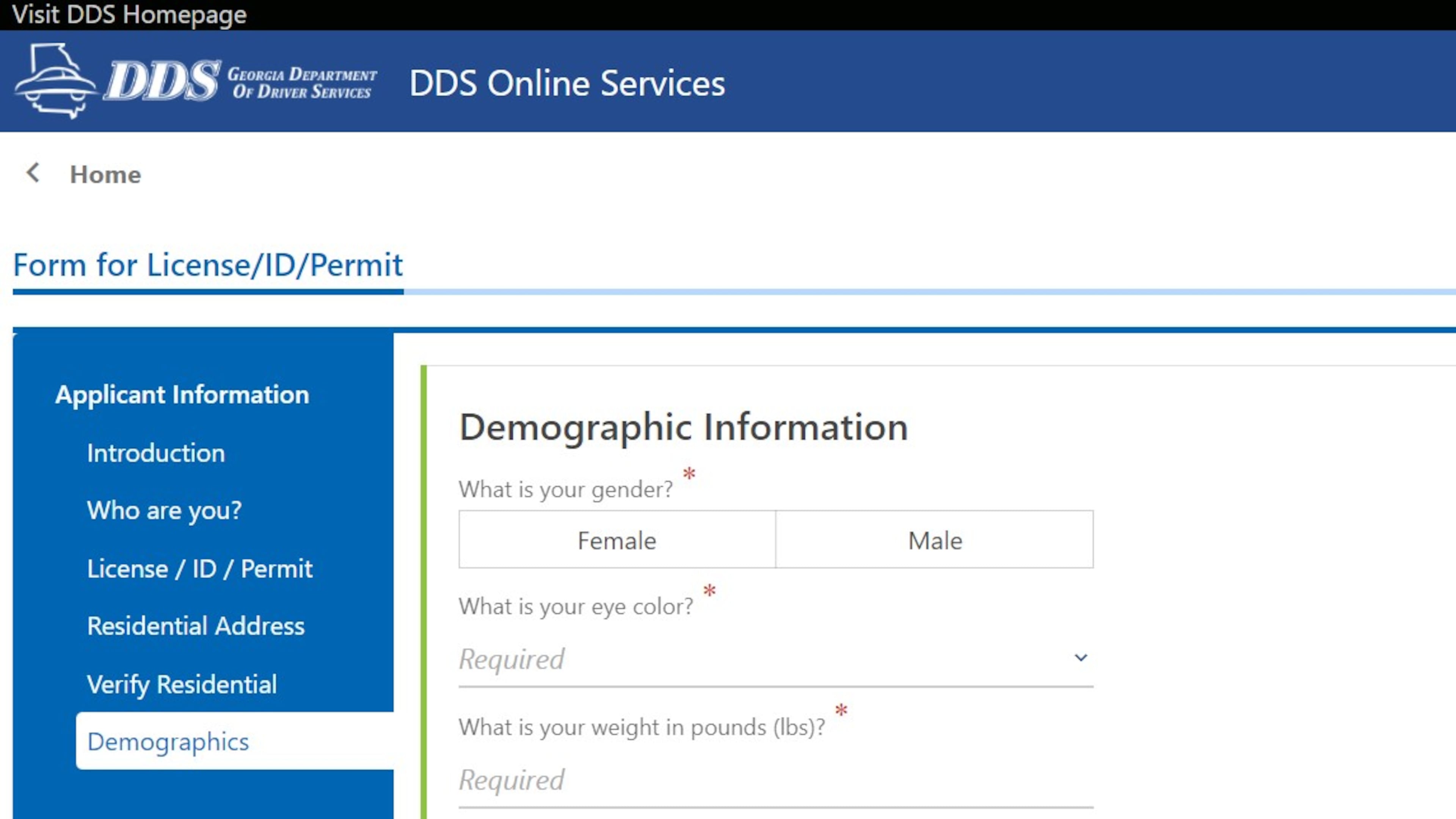 The Georgia Department of Driver Services' online application form.