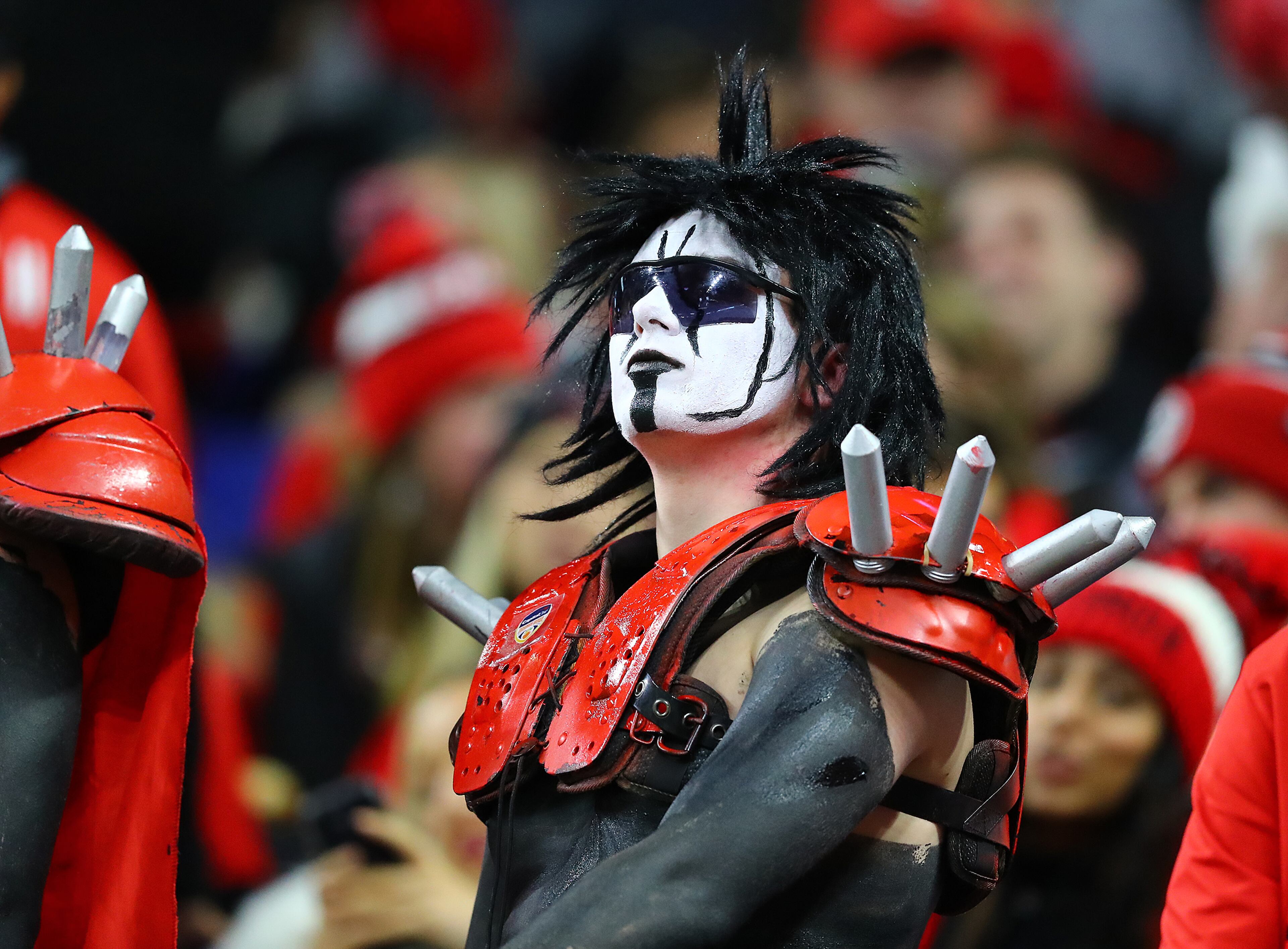 A Georgia fan has his game face on before kickoff against Alabama in the College Football Playoff Championship game on Monday, Jan. 10, 2022, in Indianapolis. “Curtis Compton / Curtis.Compton@ajc.com”`
