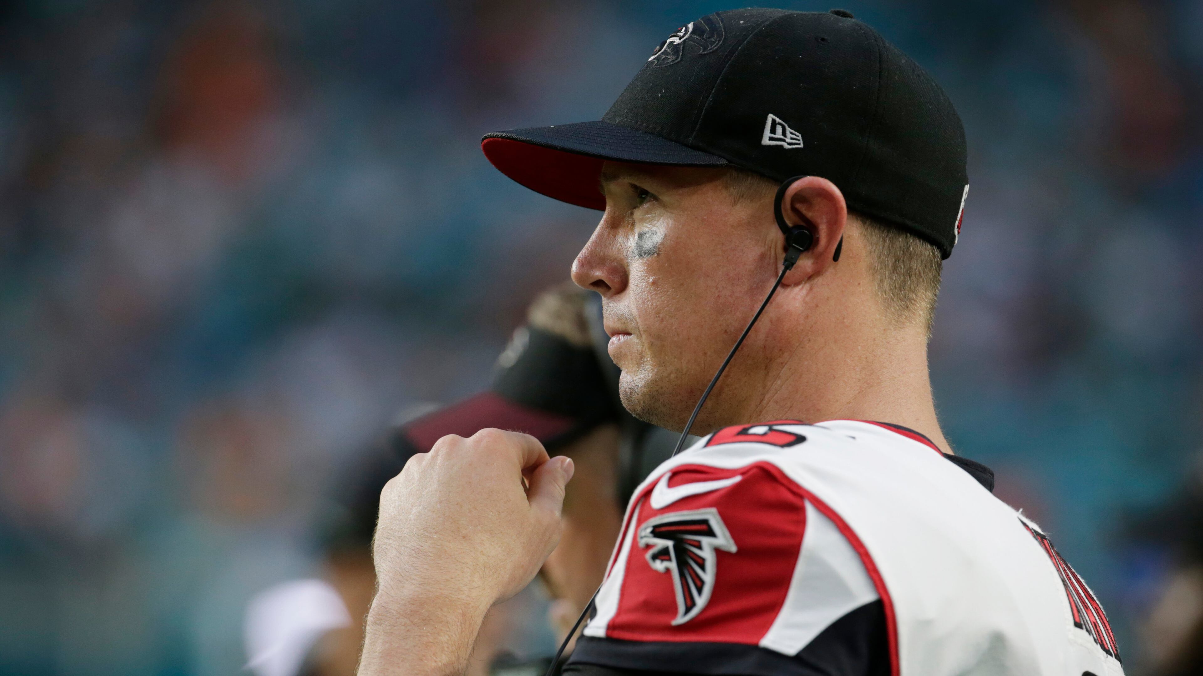 Atlanta Falcons quarterback Matt Ryan (2) watches the game from the sidelines, during the first half of an NFL preseason football game against the Miami Dolphins, Thursday, Aug. 10, 2017, in Miami Gardens, Fla. (AP Photo/Lynne Sladky)