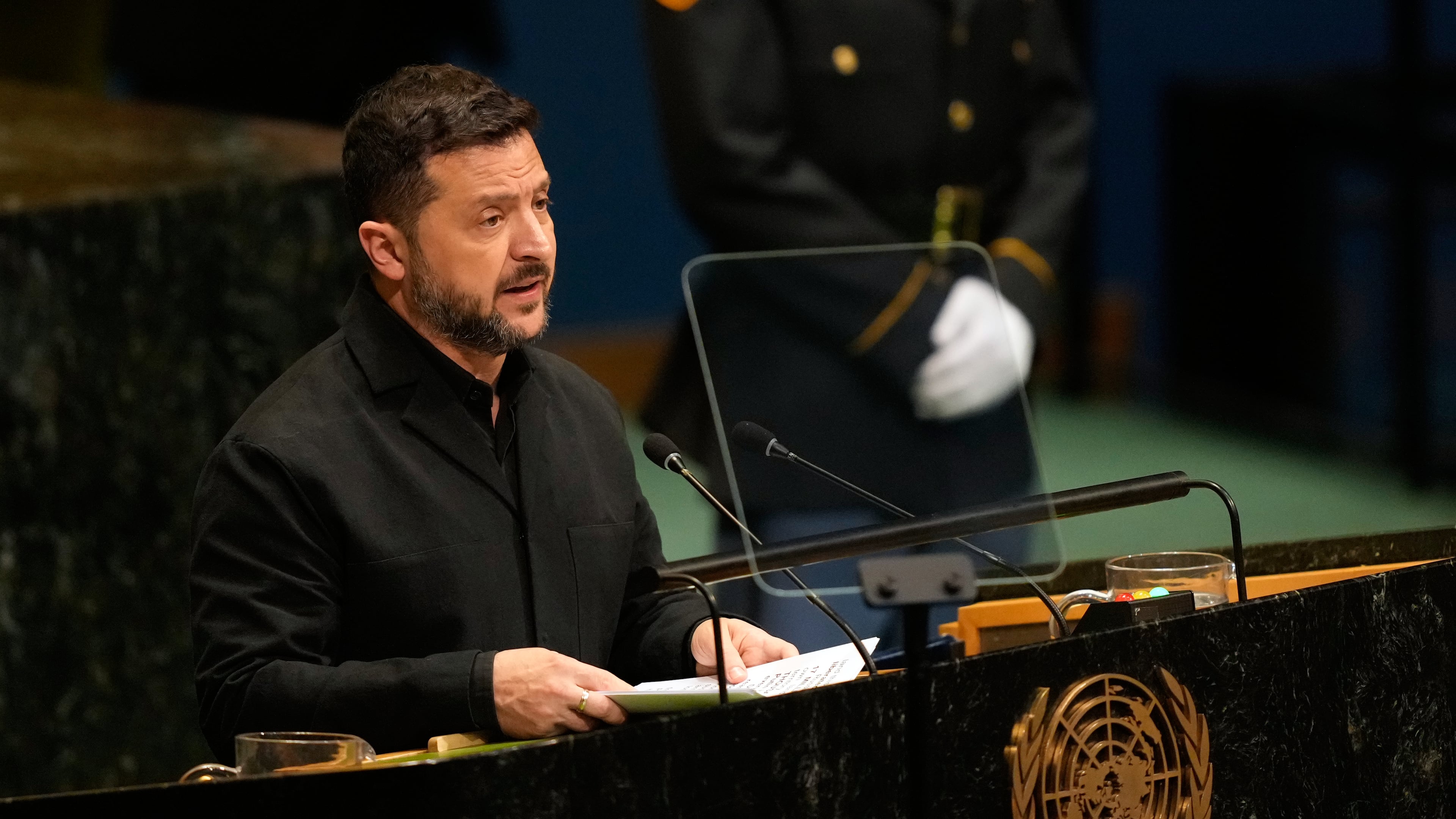 Ukraine's President Volodymyr Zelenskyy speaks during the 81st session of the United Nations General Assembly at United Nations headquarters, Wednesday, Sept. 23, 2026. (AP Photo/Seth Wenig)