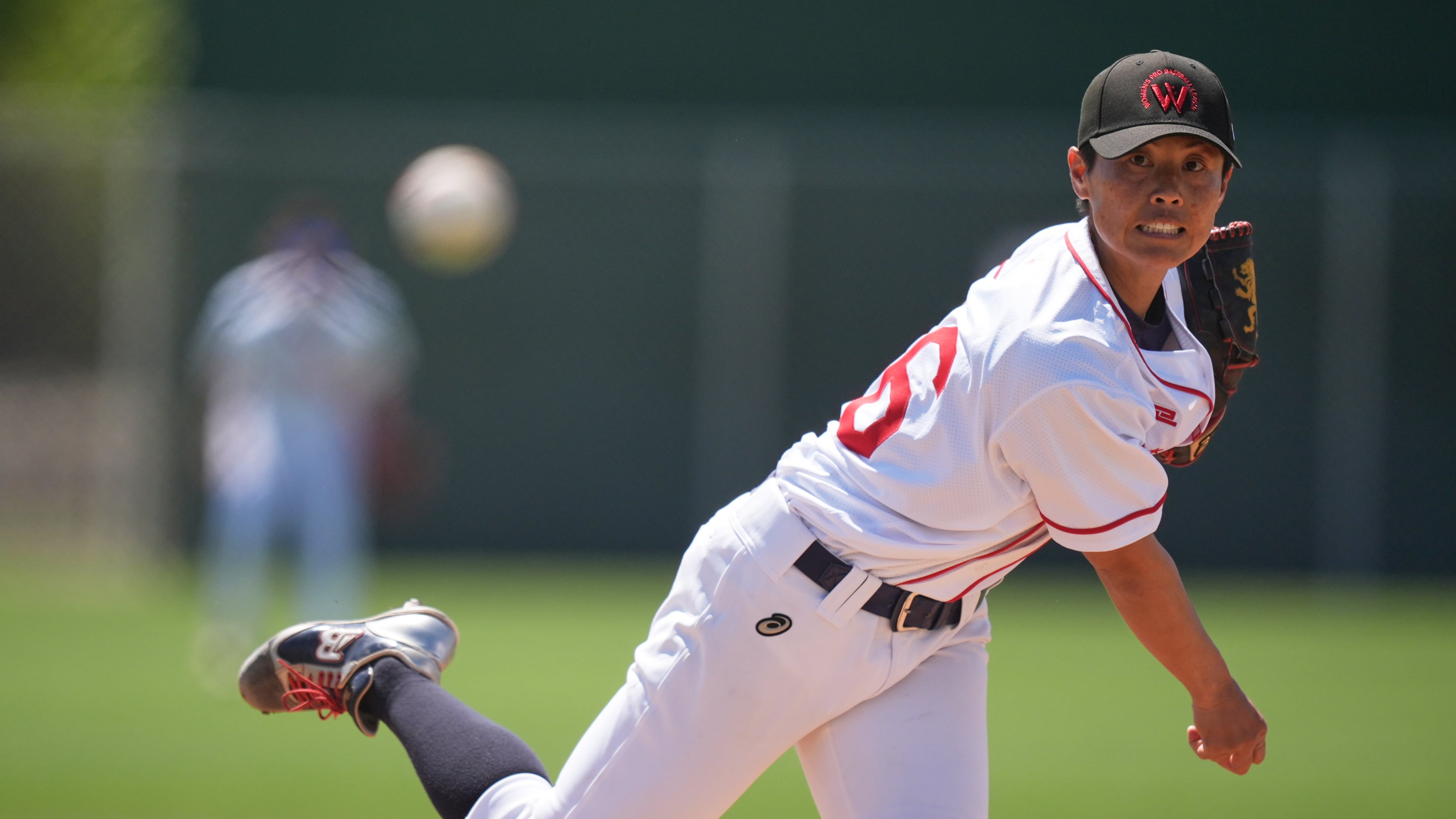 Ayami Sato pitches during a Women's Pro Baseball League exhibition game, Thursday, March 19, 2026, in Fort Myers, Fla. (AP Photo/Rebecca Blackwell)