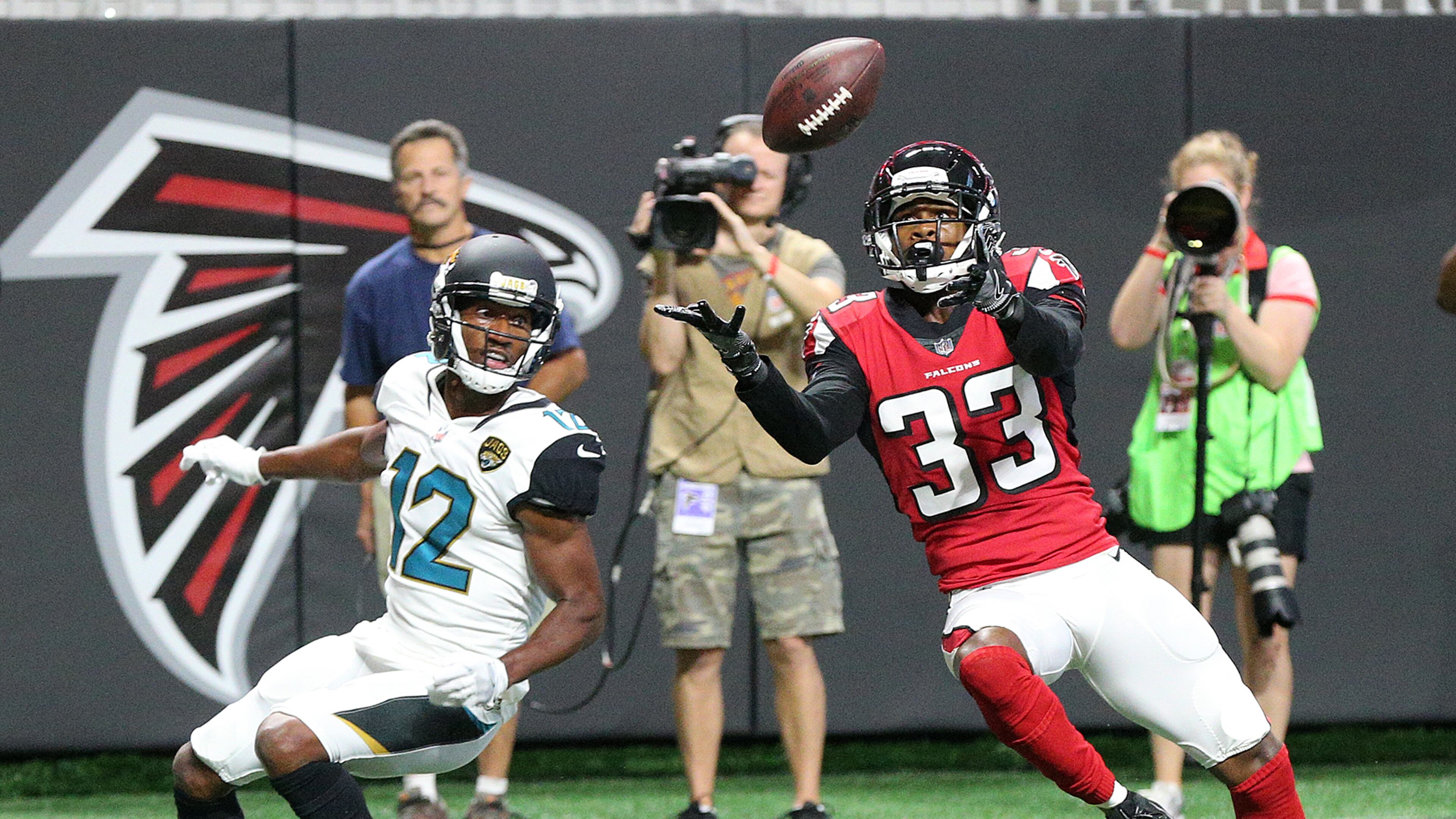 August 31, 2017 Atlanta: Falcons cornerback Blidi Wreh-Wilson intercepts Jaguars wide receiver Dede Westbrook in the endzone during the first quarter in a NFL preseason football game on Thursday, August 31, 2017, in Atlanta. Curtis Compton/ccompton@ajc.com