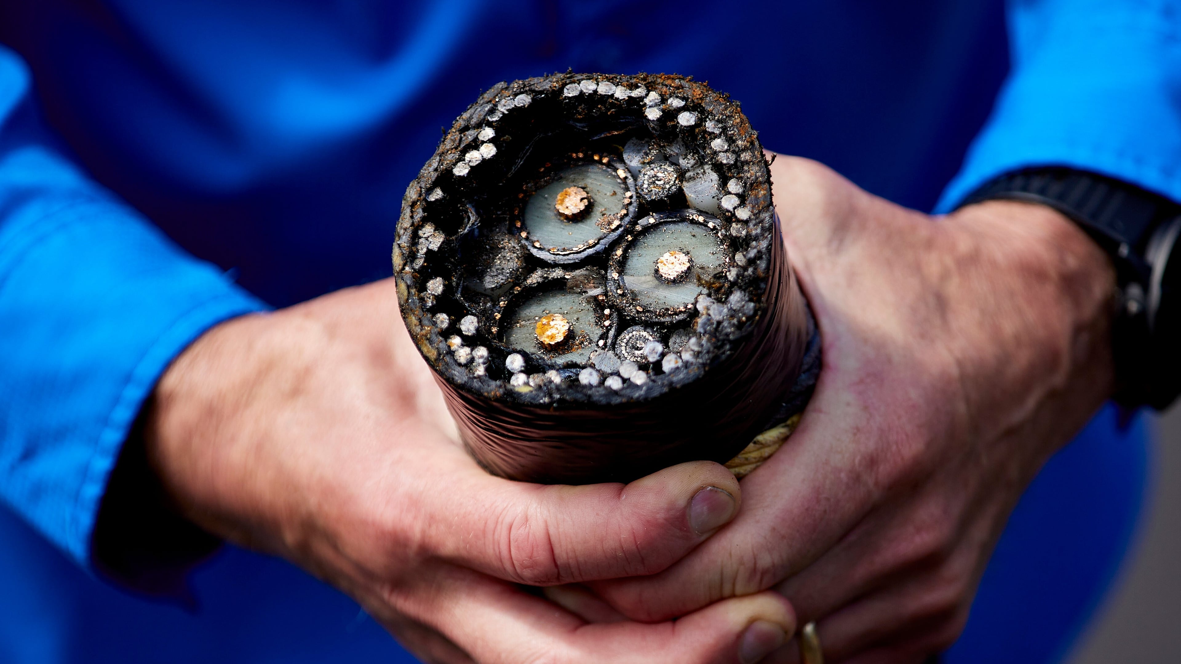 FILE - Burke Hales, chief scientist for the PacWave wave energy test site overseen by Oregon State University, shows the electric cables that are buried under the seabed near Newport, Ore., Aug. 23, 2024. (AP Photo/Craig Mitchelldyer, File)