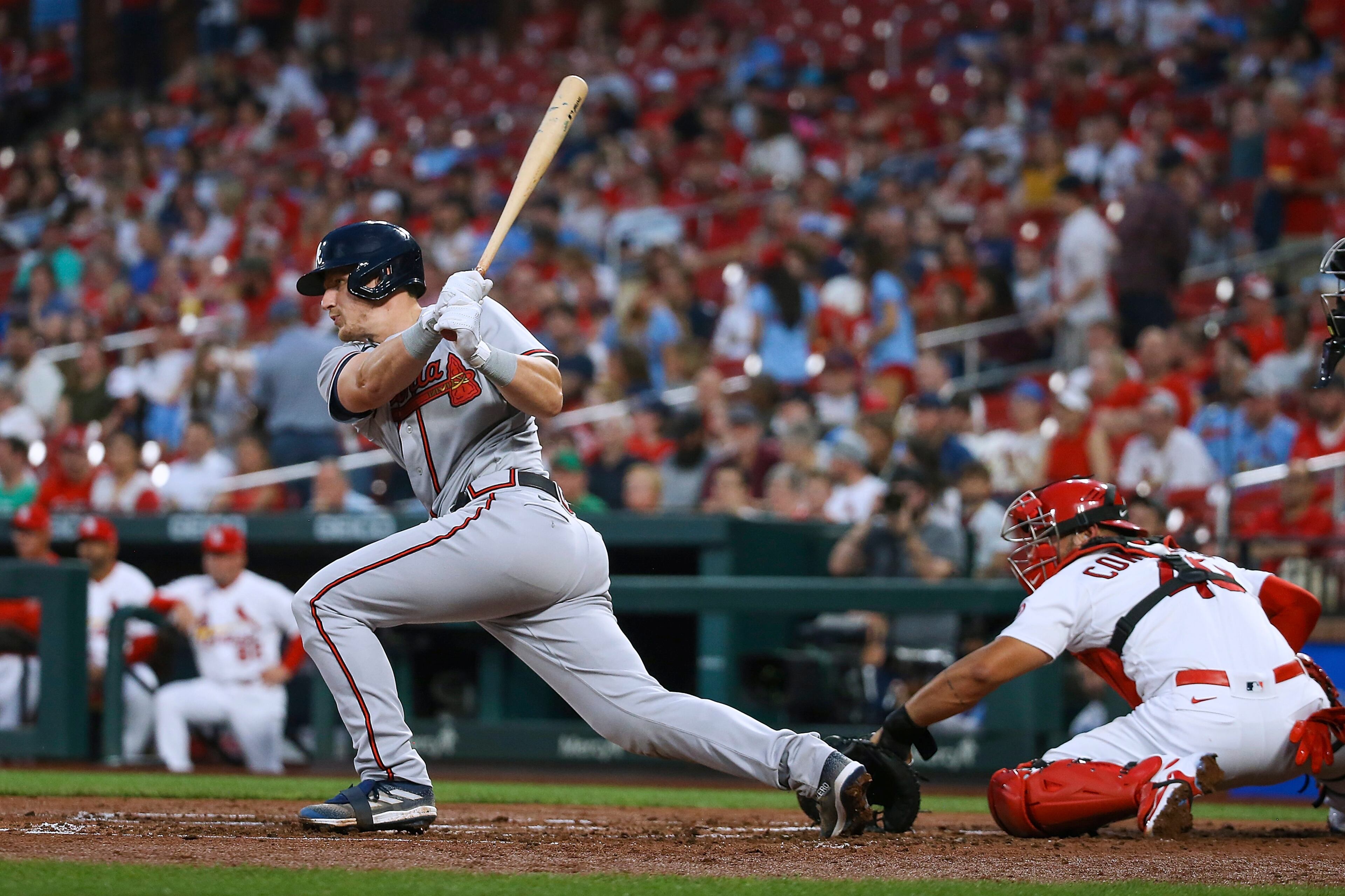Sean Murphy watches his RBI single against the St. Louis Cardinals during the third inning of a baseball game Tuesday, April 4, 2023, in St. Louis.