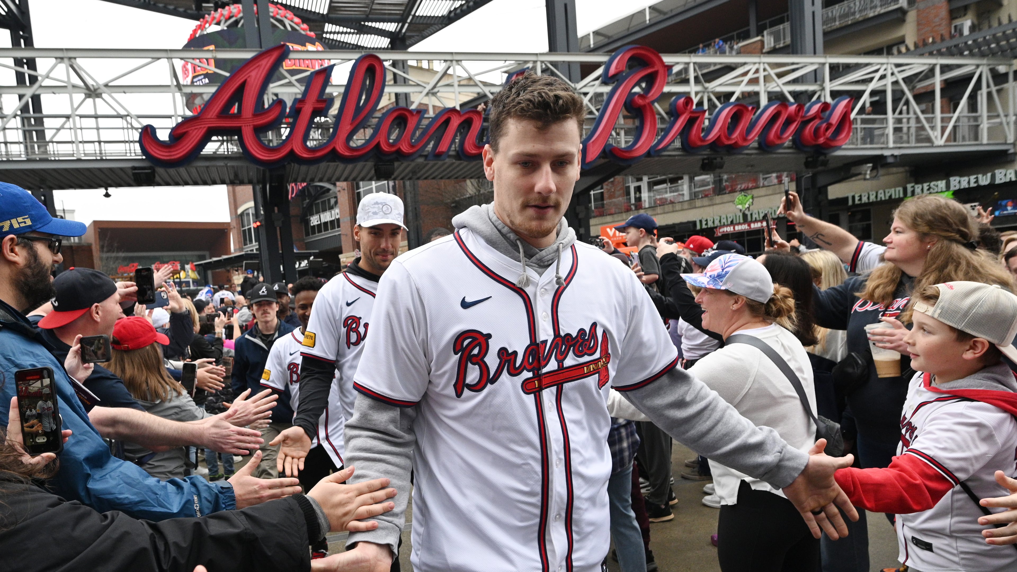 Catcher Sean Murphy participates in the opening rally for Braves Fest at The Battery Atlanta on Saturday, Jan. 27, 2024. The Braves have announced this year’s Braves Fest for Friday and Saturday at Truist Park. (Hyosub Shin/AJC 2024)