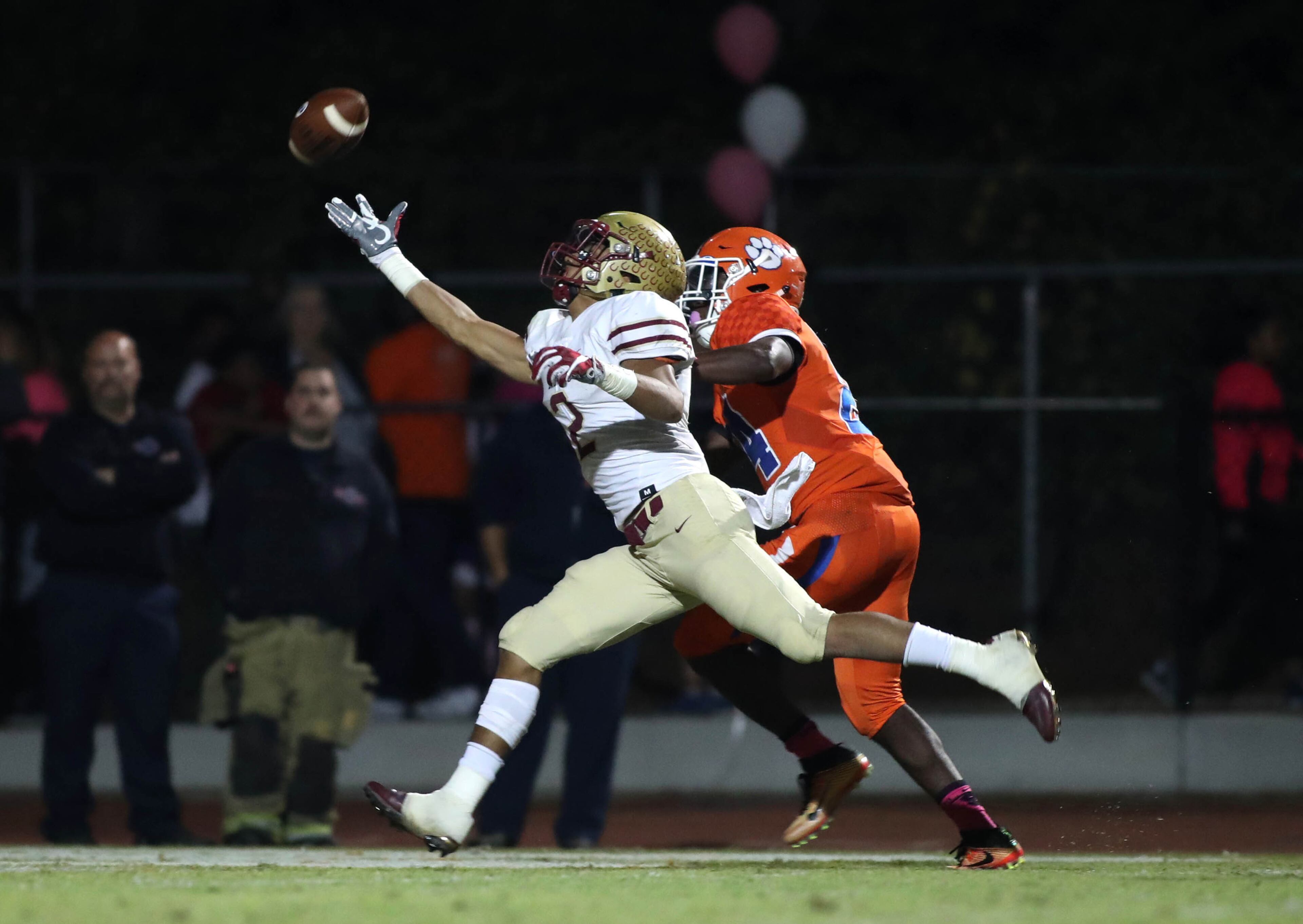 October 20, 2017 - Lilburn, Ga: Brookwood wide receiver Matthew Hill (2) can't make a catch as Parkview defensive back Christian Malloy (24) defends in the first half of their game at Parkview High School Friday, October 20, 2017, in Lilburn, Ga.. PHOTO / JASON GETZ