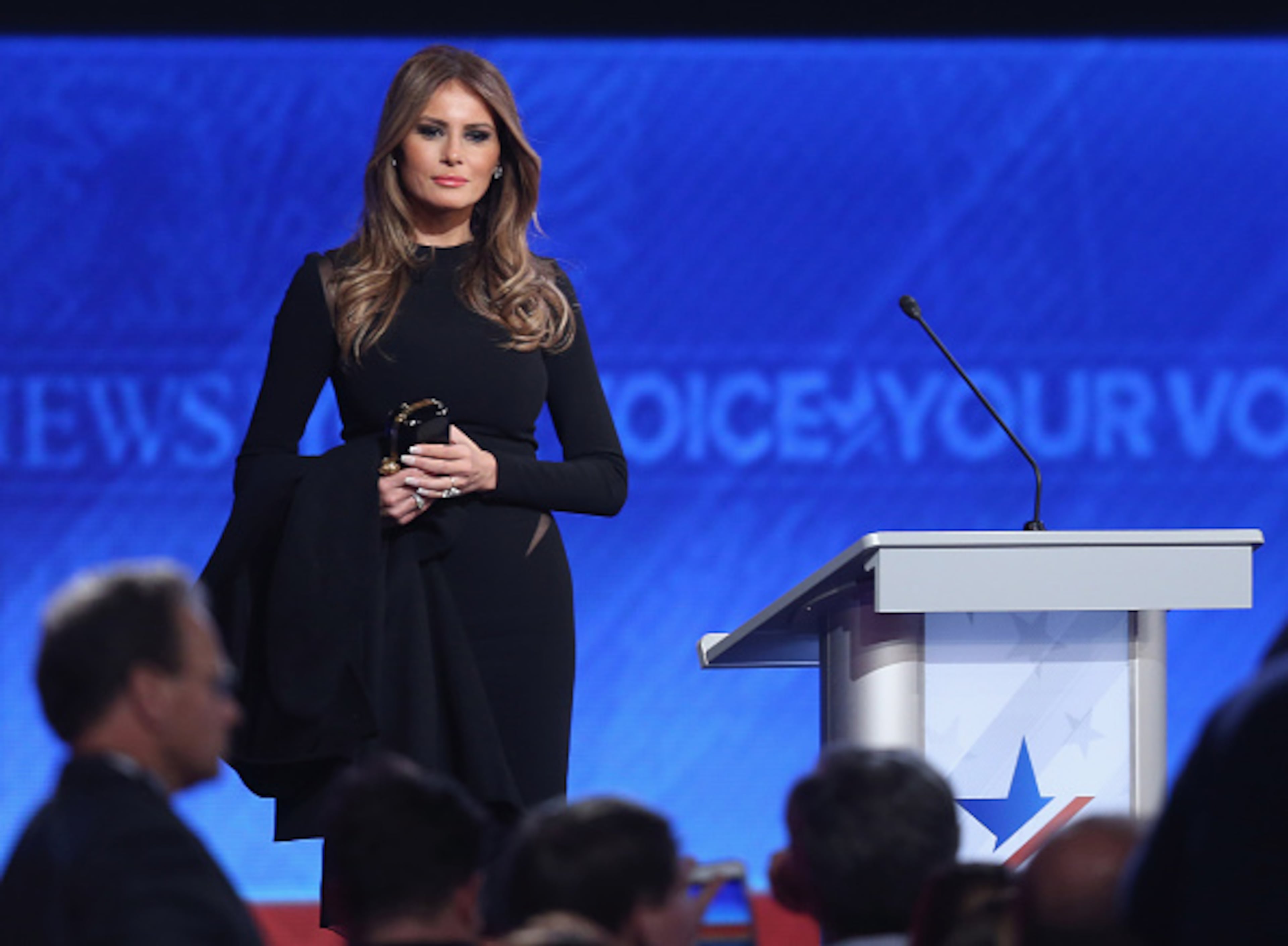 MANCHESTER, NH - FEBRUARY 06: Melania Trump, wife of Republican presidential candidate Donald Trump, stands on stage following the Republican presidential debate at St. Anselm College February 6, 2016 in Manchester, New Hampshire. Sponsored by ABC News and the Independent Journal Review, this is the final televised debate before voters go to the polls for the New Hampshire primary on February 9. (Photo by Joe Raedle/Getty Images)