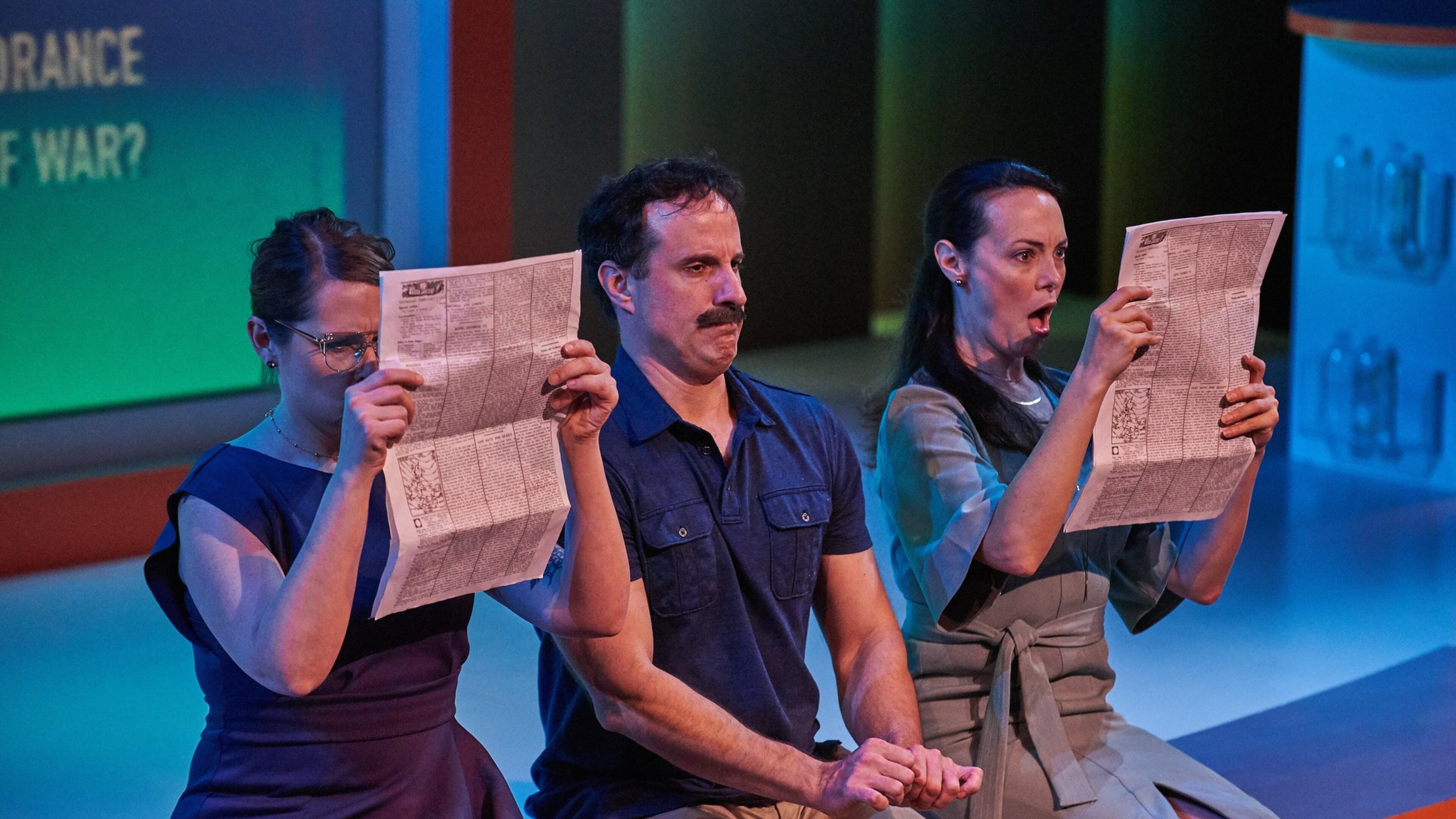 “Lost in the Cosmos,” a collaboration between Theatrical Outfit and Dad’s Garage, co-stars Amber Nash (from left), Dan Triandiflou and Tara Ochs. CONTRIBUTED BY CHRISTOPHER BARTELSKI