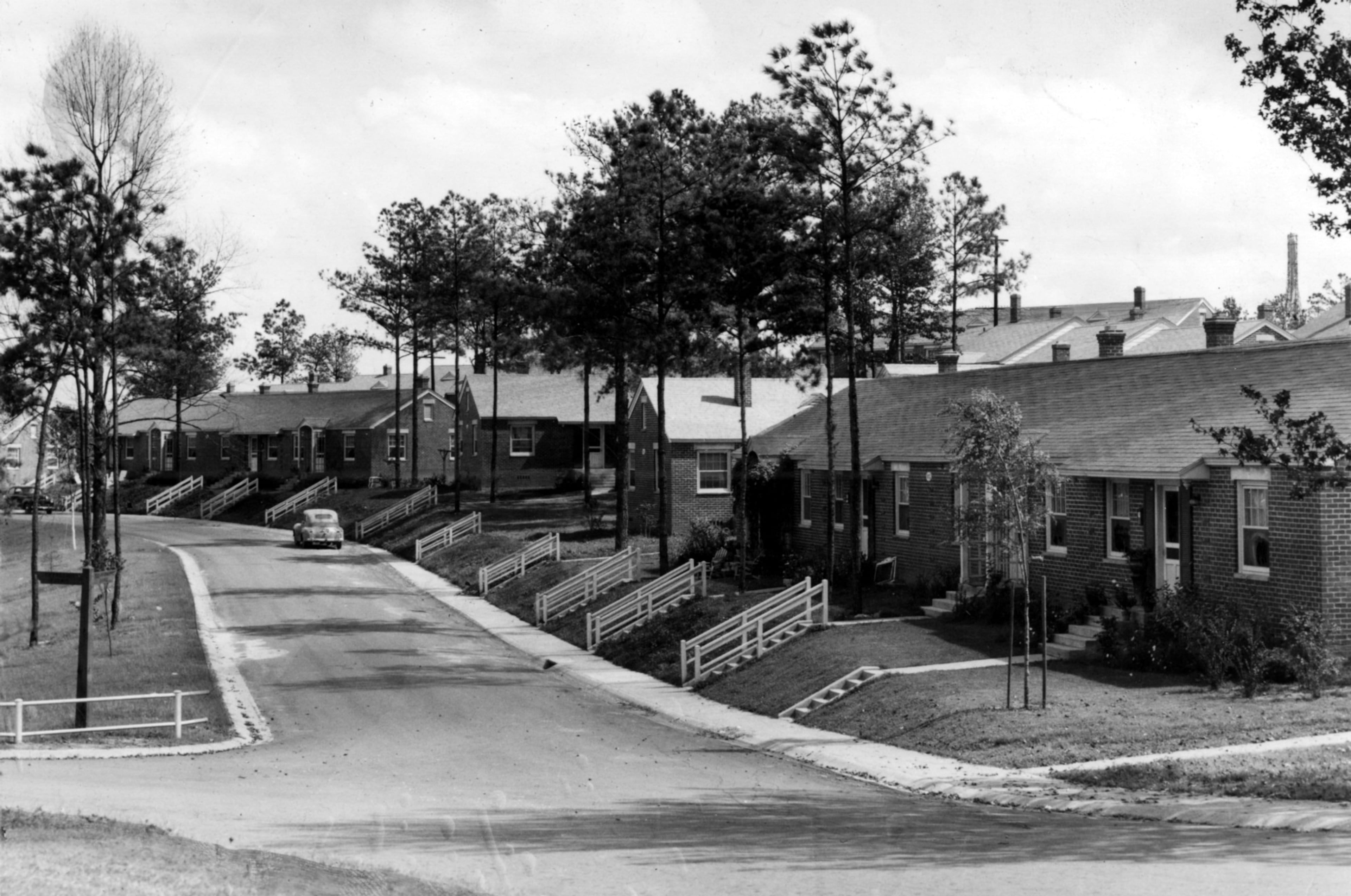 Pine Forest Apartments were one-story brick houses formerly occupied by war workers of the Bell Bomber Plant (in Cobb County), which were turned into apartments following World War II. This photo companied a story published Sept. 28, 1945.
