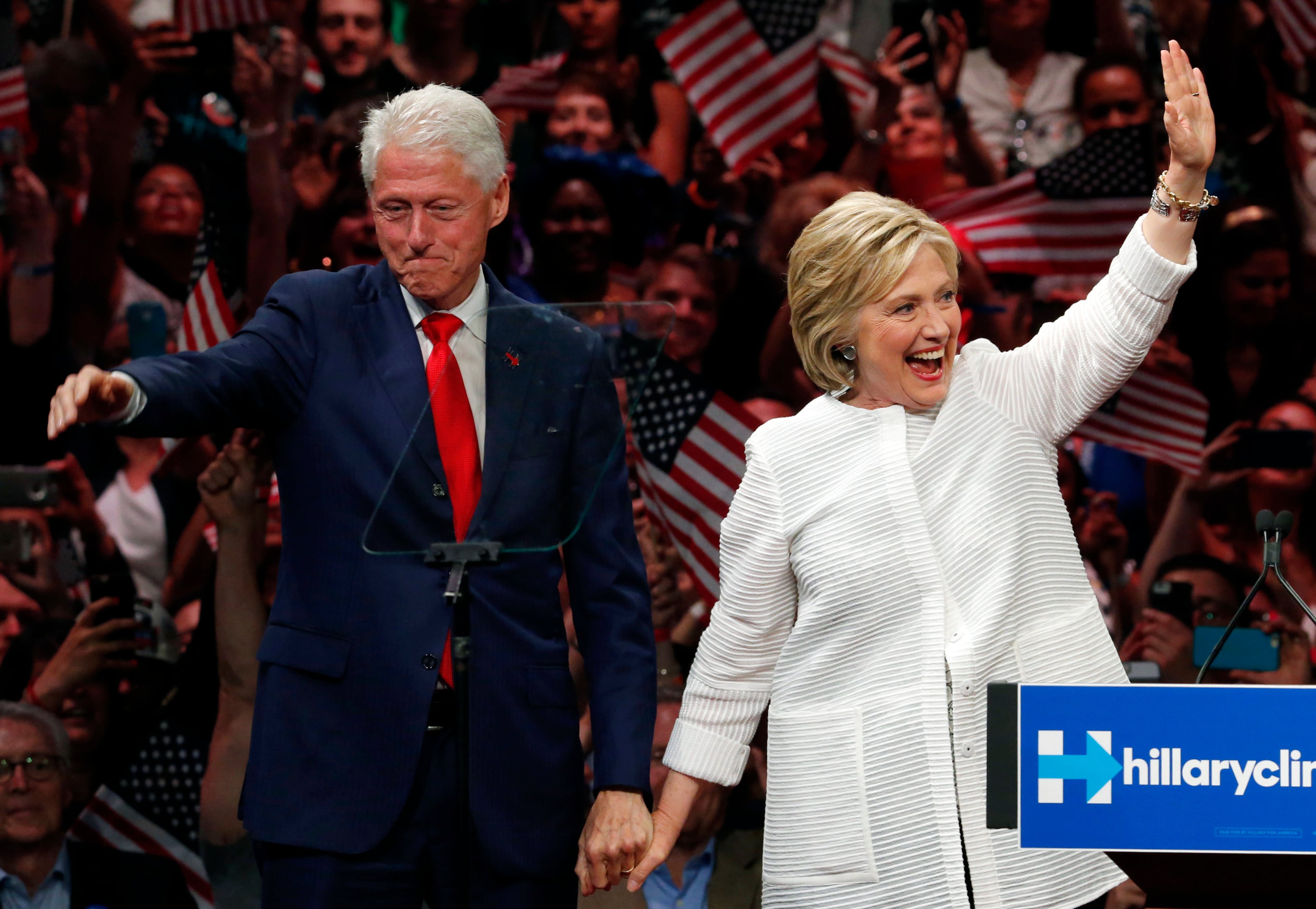 In this June 7, 2016, file photo, former President Bill Clinton, left, stands on stage with his wife, Democratic presidential candidate Hillary Clinton, after she spoke during a presidential primary election night rally in New York. His popularity among Democrats is off the charts, he's a fundraising powerhouse and his administration is hailed by many as a high-water mark of economic prosperity. Without question, one of the key assets in Hillary Clinton's second campaign for the White House is her husband, Bill. And yet, there are still times when the former president can step in it. (AP Photo/Julio Cortez, File)