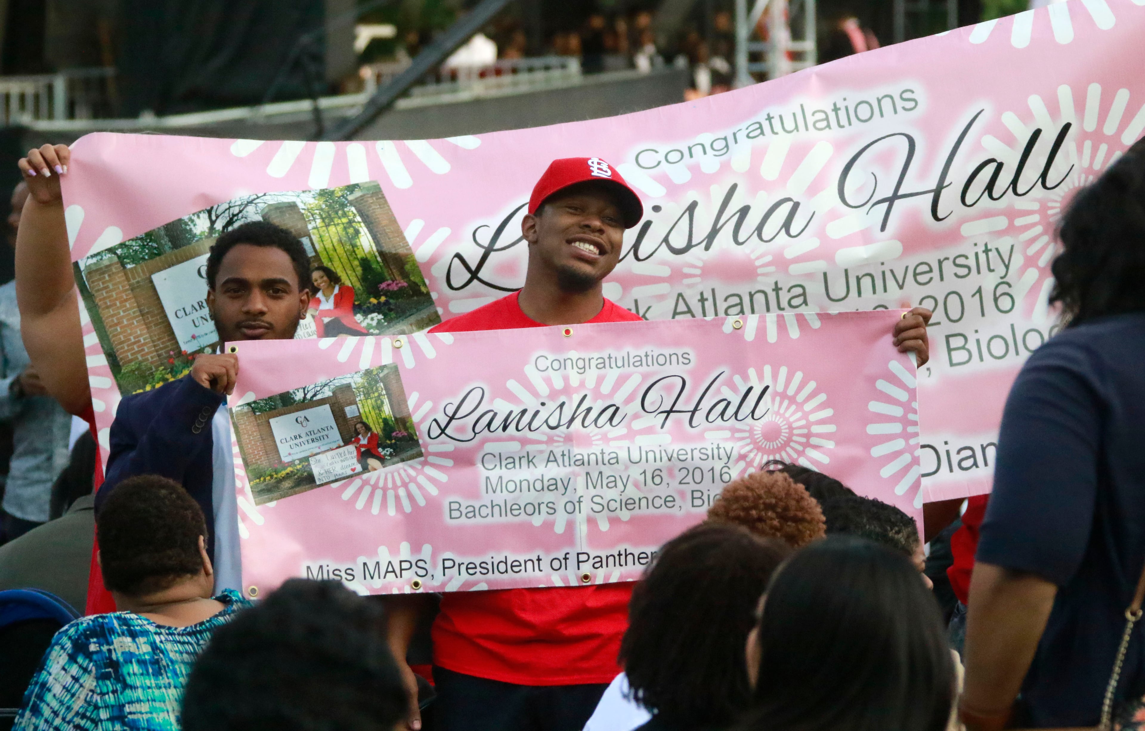 May 16, 2016 - Atlanta - Lanisha Hall's friends and family had banners to in honor of her graduation. Clark Atlanta University class of 2016 filled Panther Stadium Monday morning for it's 27th annual Commencement Service. The keynote speaker was retired astronaut Mae Jemison, the first woman of color in Space. Honorary degrees were awarded to Hamilton Bohannon, a 1964 graduate of Clark College; Roland Carter; Congressman John Conyers, and Congressman Hank Johnson, a 1976 Clark College graduate. BOB ANDRES / BANDRES@AJC.COM