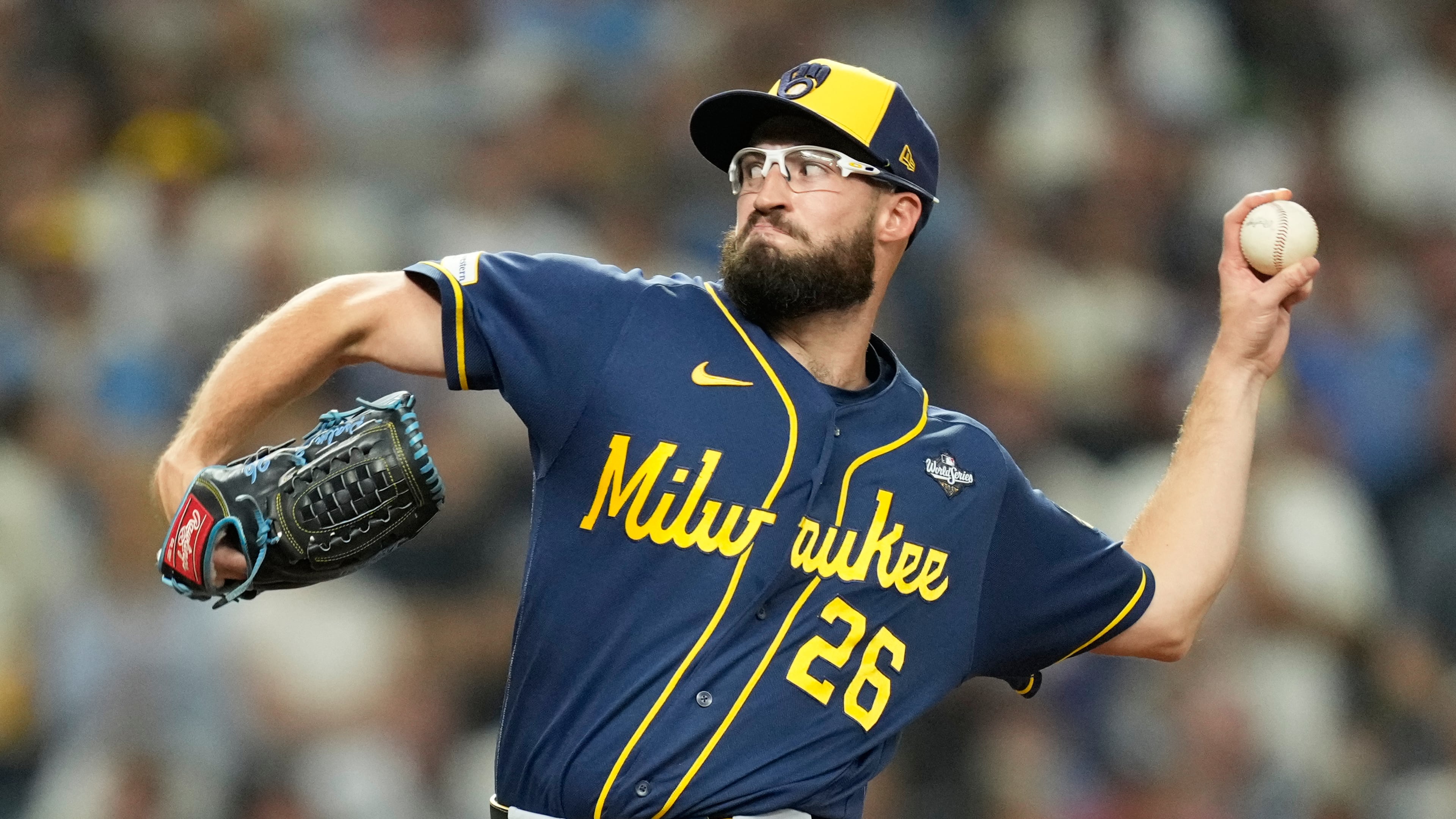 Milwaukee Brewers pitcher Aaron Ashby throws during the ninth inning of Game 4 of baseball's World Series, Tuesday, Oct. 27, 2026, in St. Petersburg, Fla., between the Milwaukee Brewers and the Tampa Bay Rays. (AP Photo/Ashley Landis)
