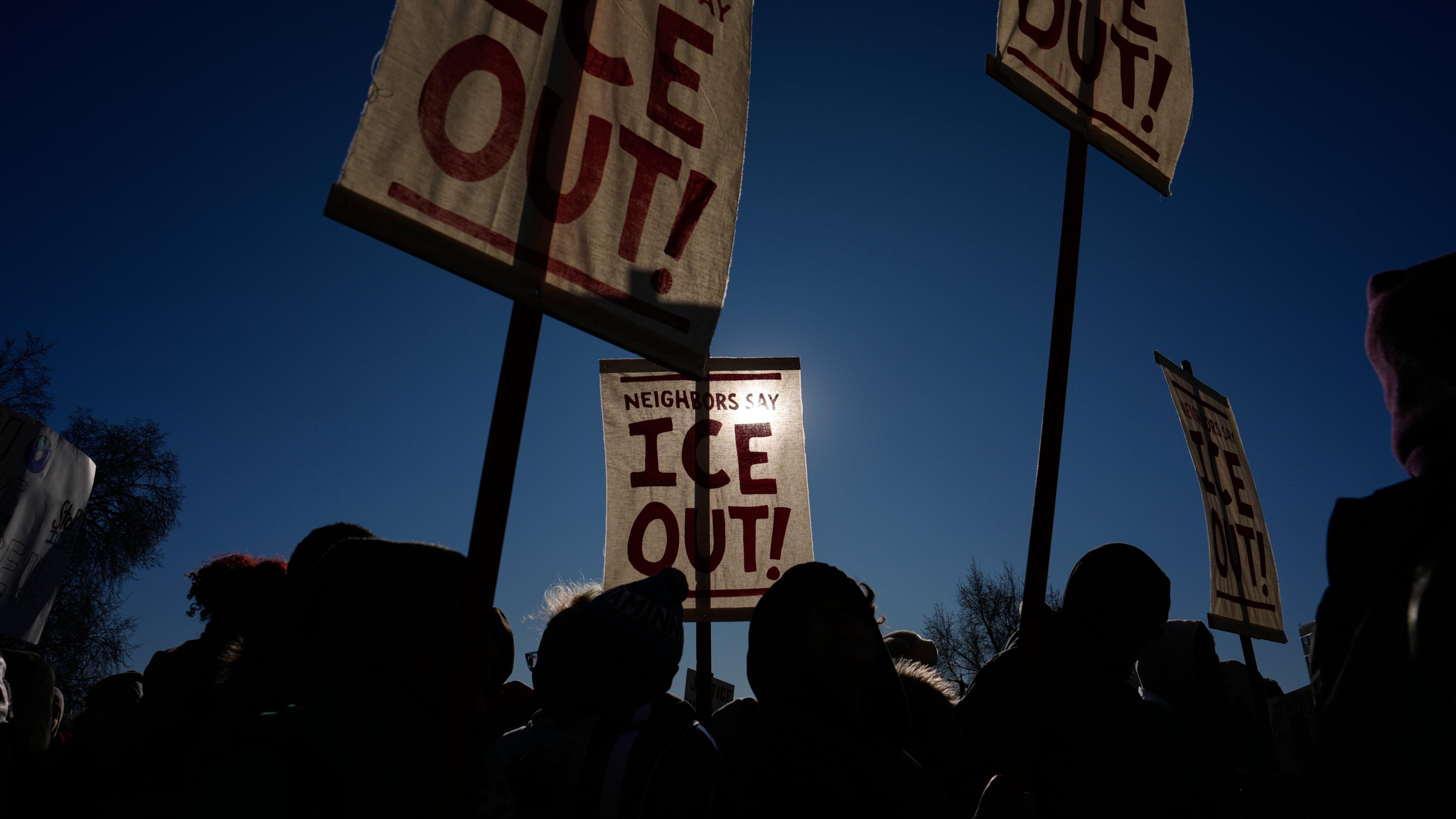 Protesters gather in front of the Minnesota State Capitol in response to the death of Renee Good, who was fatally shot by an ICE officer last week, Wednesday, Jan. 14, 2026, in St. Paul, Minn. (AP Photo/John Locher)