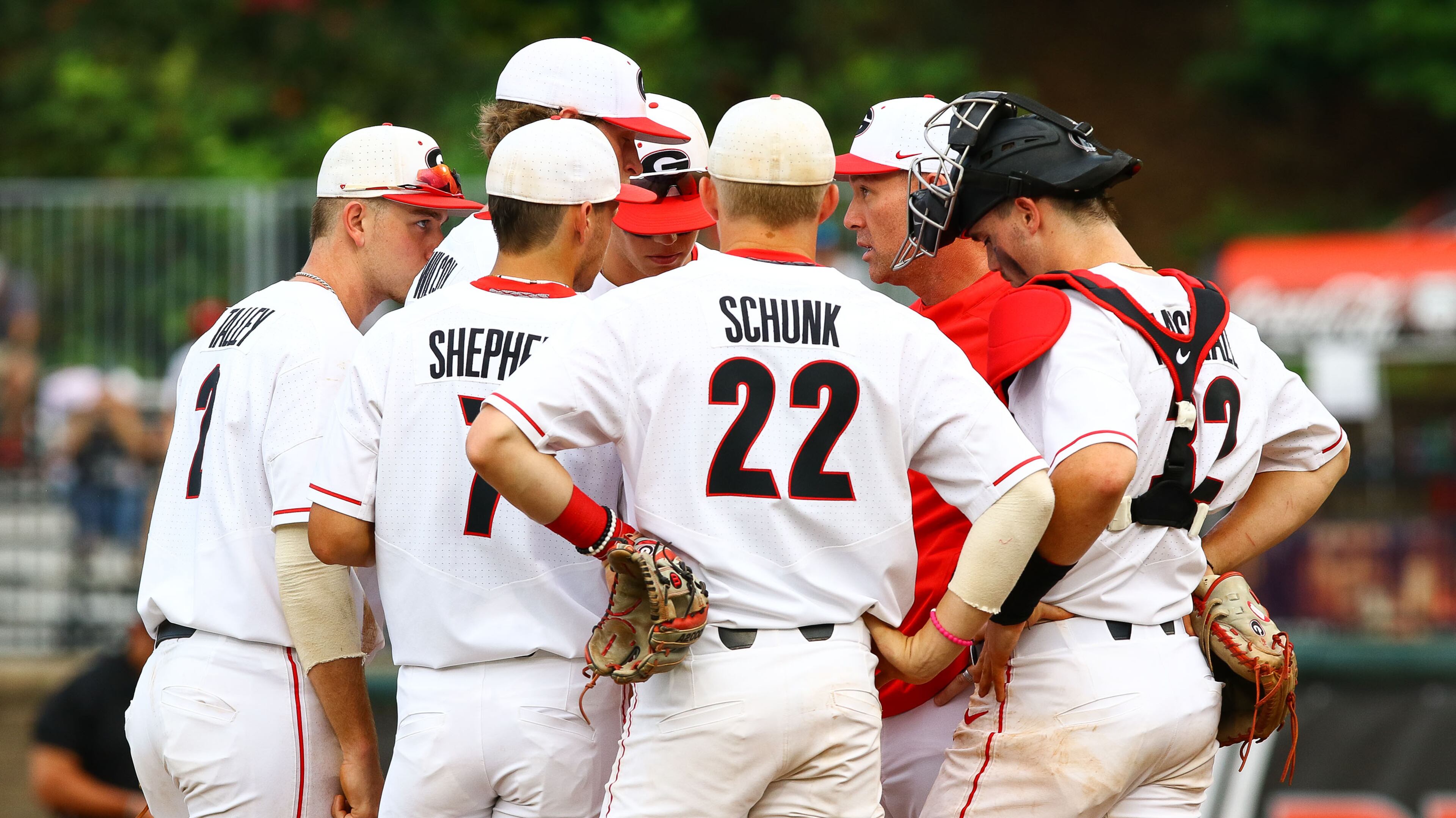 Georgia pitching coach Sean Kenny meets with the team during an NCAA regional game against Florida State Sunday, June 2, 2019, n Athens.