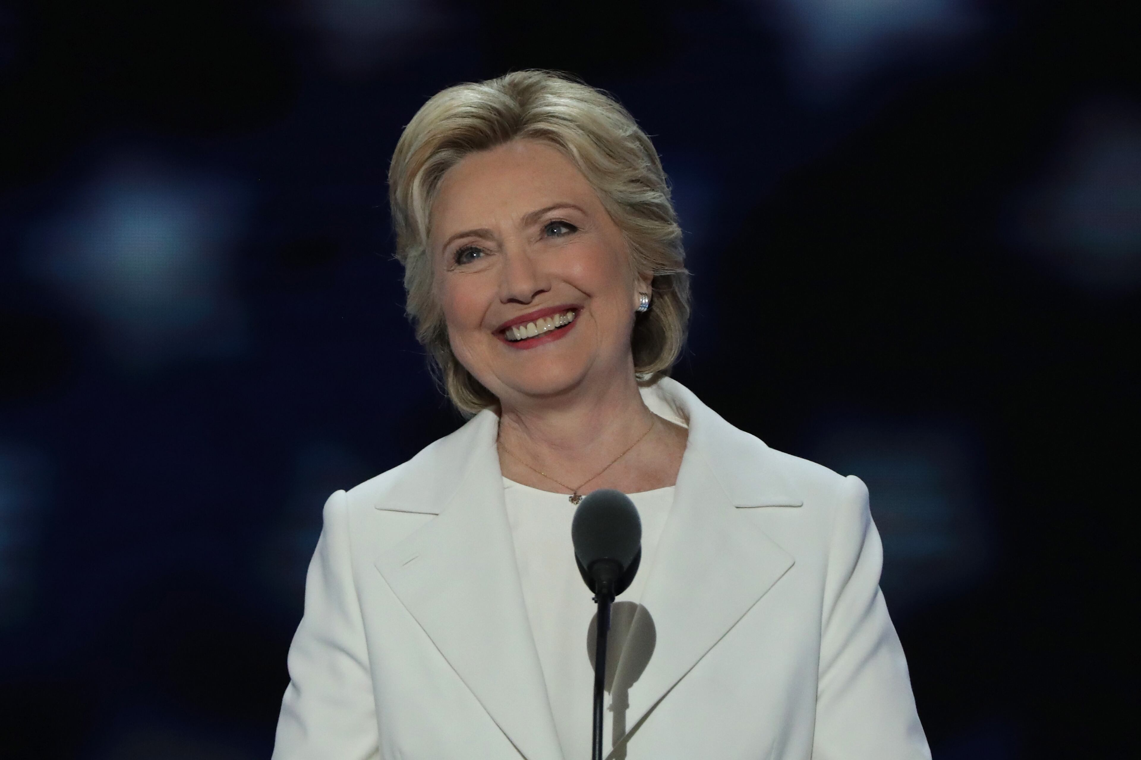 Democratic presidential candidate Hillary Clinton acknowledges the crowd as she arrives on stage during the fourth day of the Democratic National Convention at the Wells Fargo Center, July 28, 2016 in Philadelphia. (Photo by Alex Wong/Getty Images)