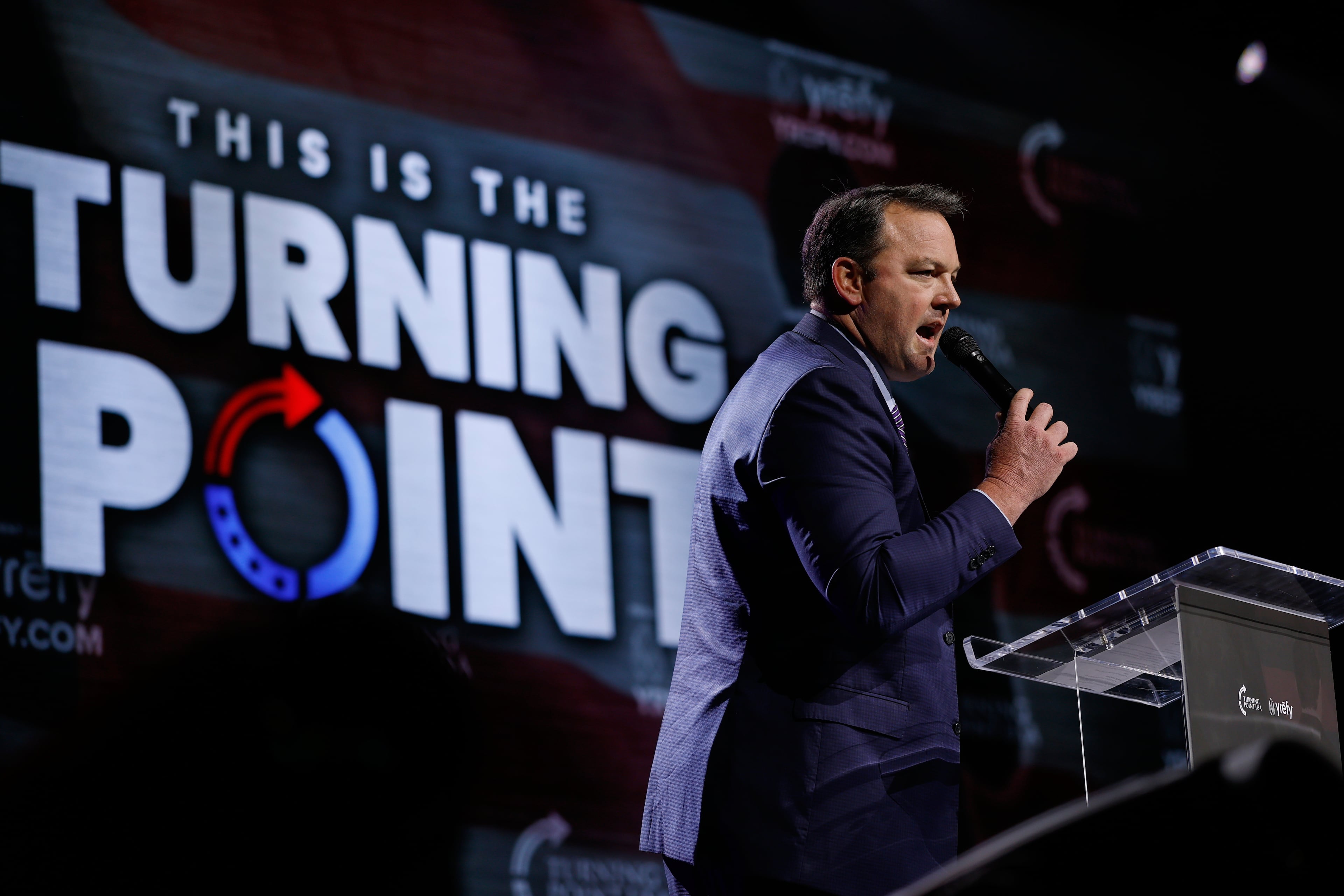 Georgia Lt. Gov. Burt Jones speaks before Vice President JD Vance at a Turning Point USA tour stop at the University of Georgia in Athens, Ga., Tuesday, April 14, 2026. (Erik S. Lesser/AP)