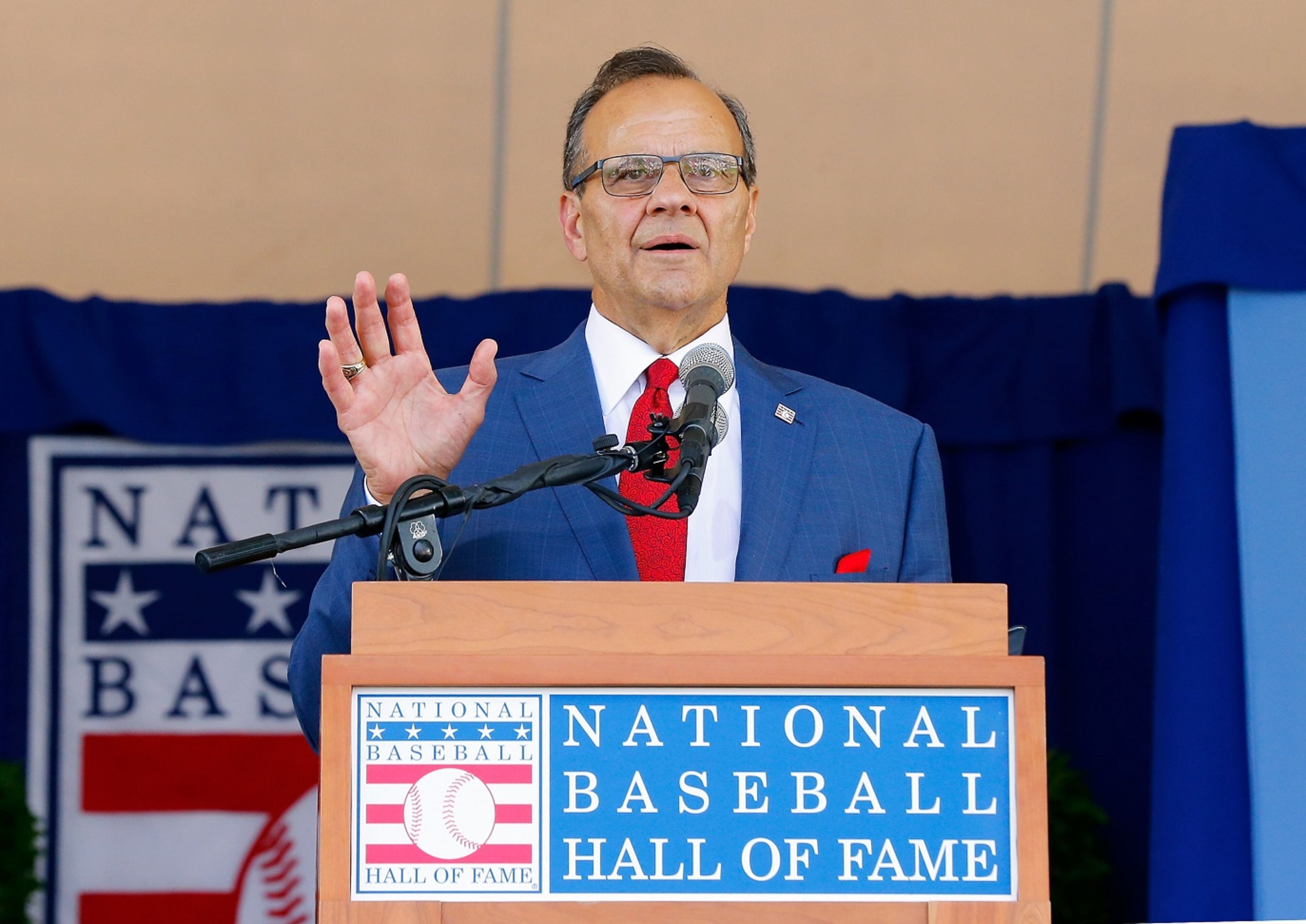 Inductee Joe Torre gives his speech. (Photo by Jim McIsaac/Getty Images)