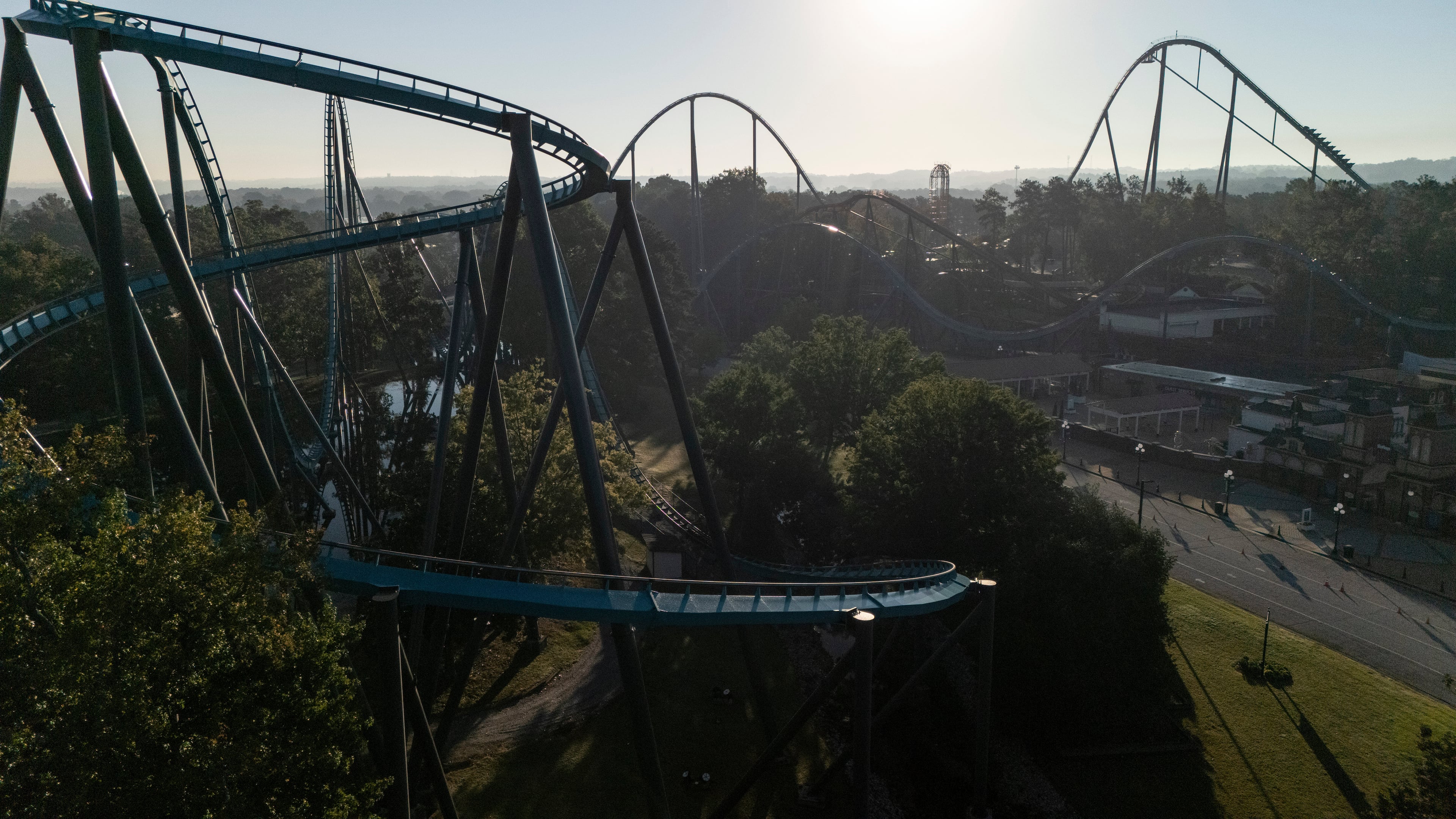 Attractions are seen at Six Flags Over Georgia, about 15 miles northwest of Atlanta, Tuesday, Oct. 13, 2026. (Mike Stewart/AP)