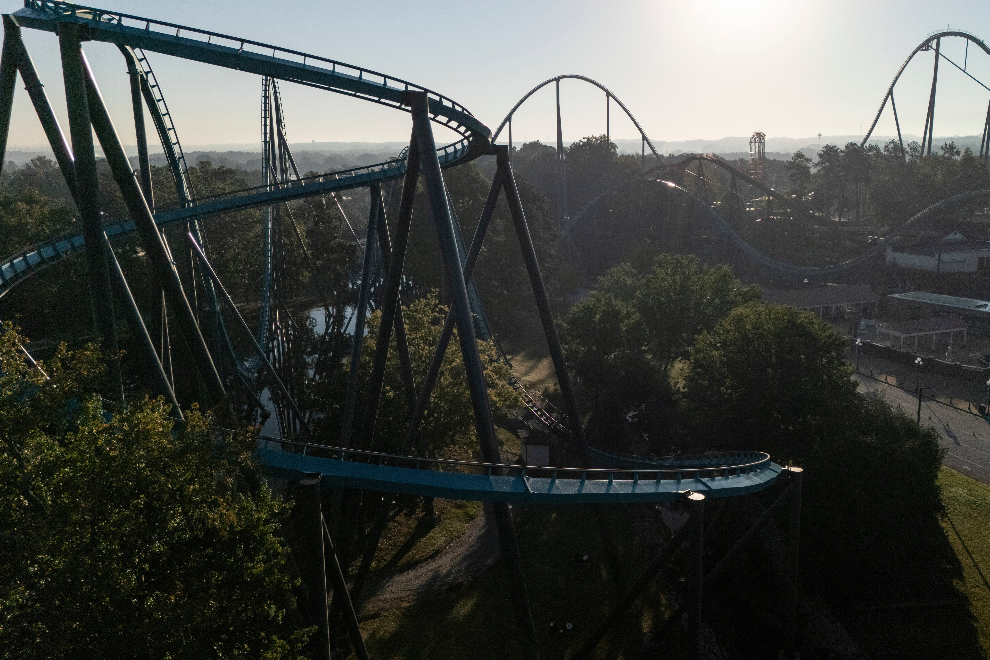 Attractions are seen at Six Flags Over Georgia, about 15 miles northwest of Atlanta, Tuesday, Oct. 13, 2026. (Mike Stewart/AP)