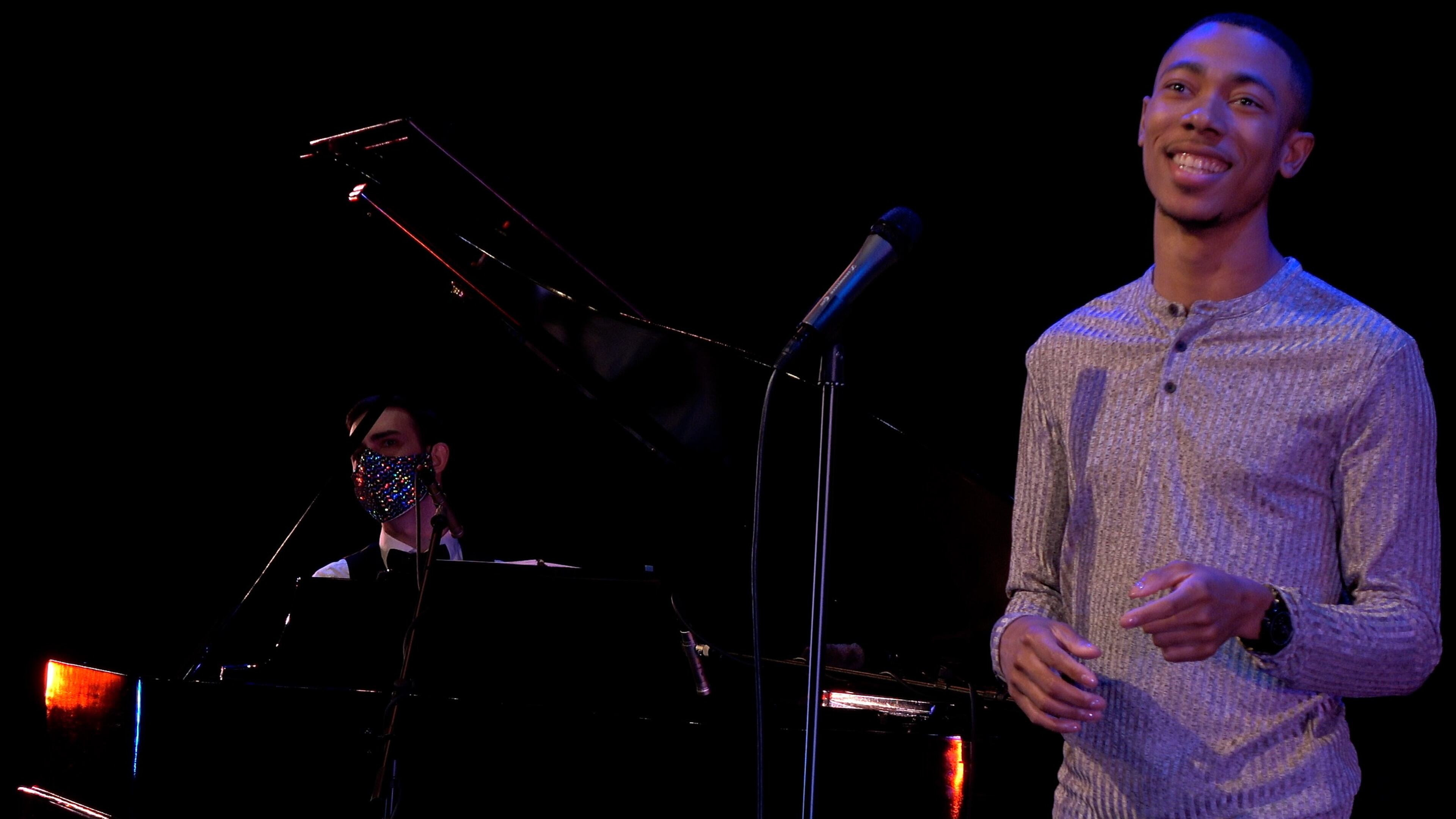 In Out Front Theatre's musical revue "Role Reversal Cabaret," streaming through March 8, Brandon Smith (right, accompanied on piano by Nick Silvestri) performs a song from "The Little Mermaid."
Courtesy of Saturnblu Productions