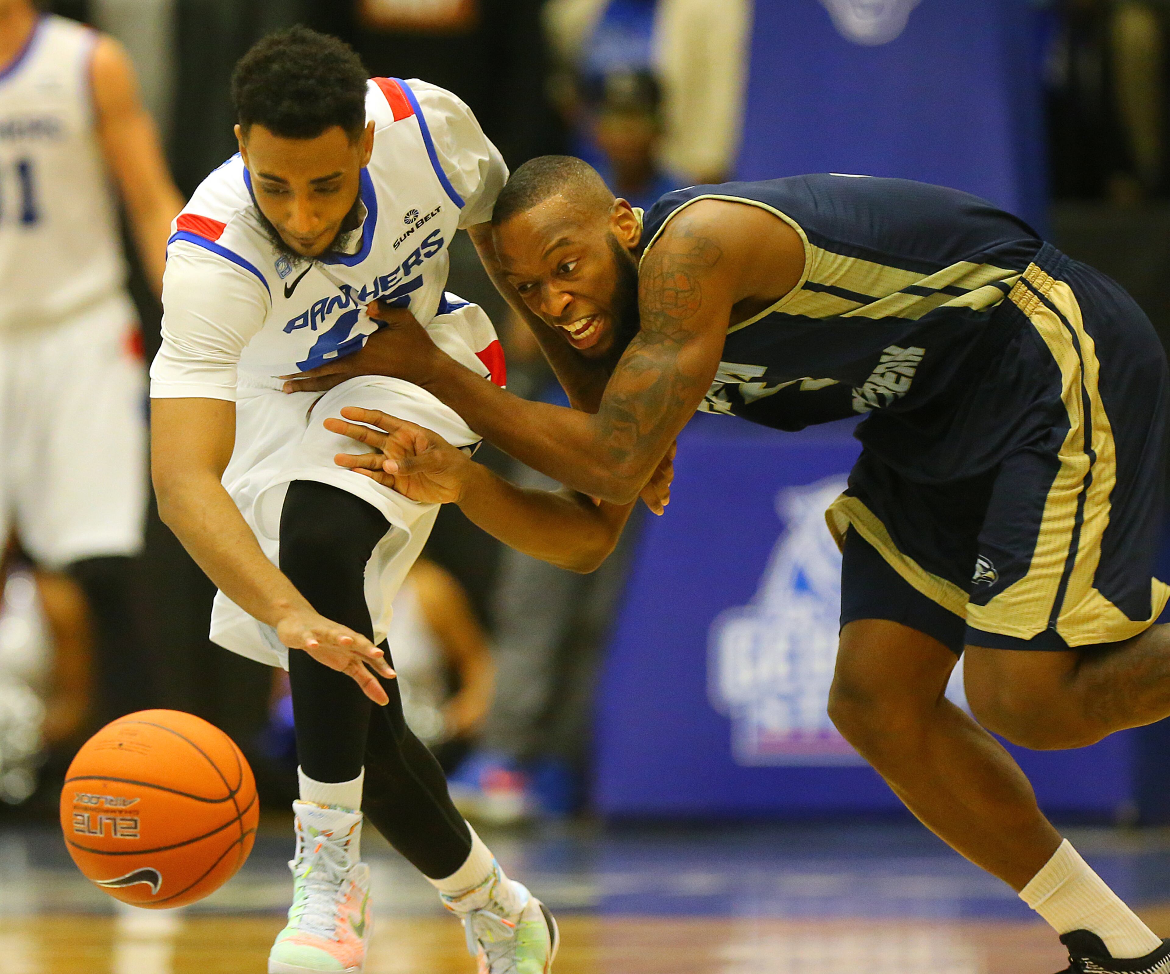 Georgia State guard Ryan Harrow steals from Georgia Southern guard Jelani Hewitt during a basketball game on Saturday, March 7, 2015, in Atlanta.